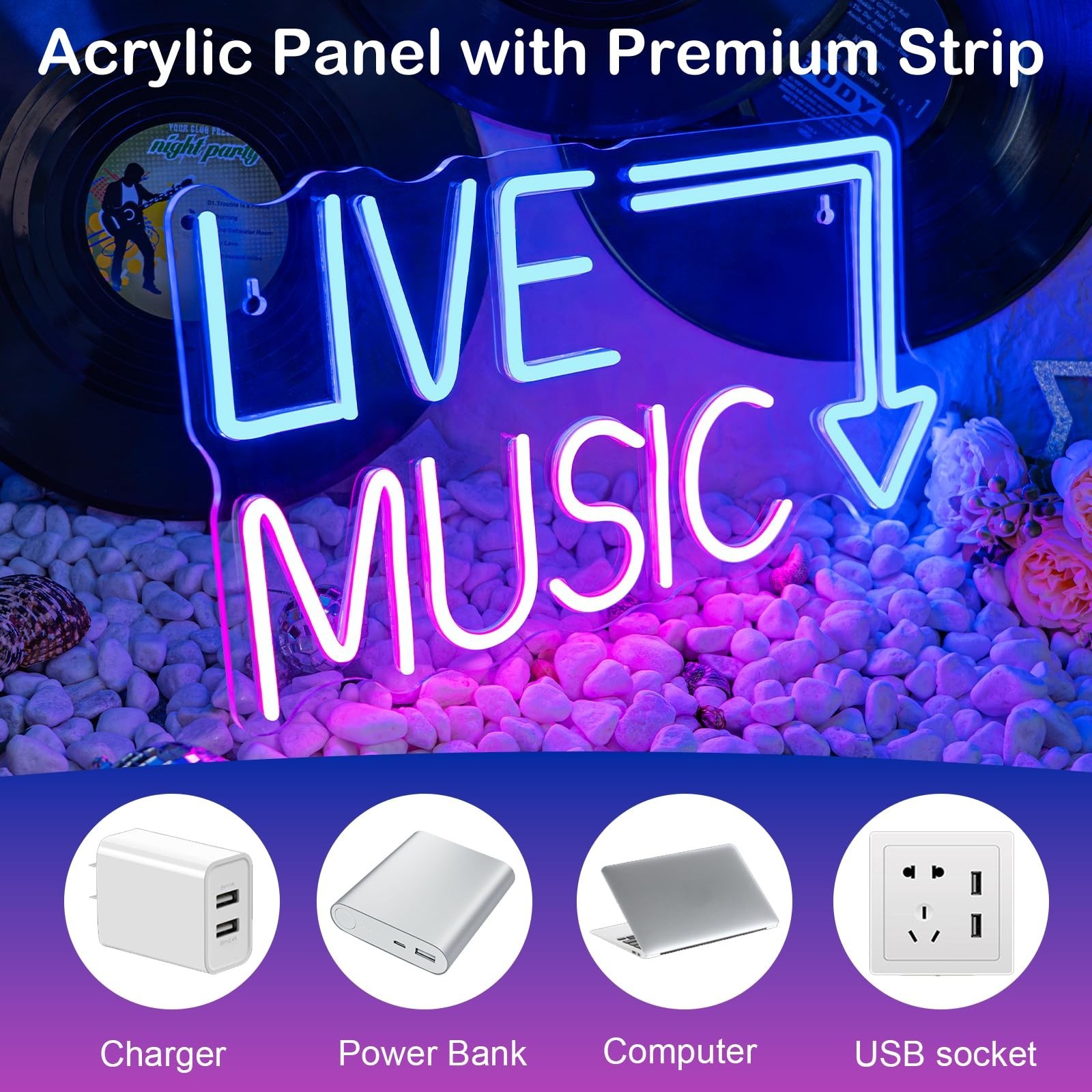 Live Music Neon Sign LED Neon Sign Large Blue and Pink Words for Music Studio…