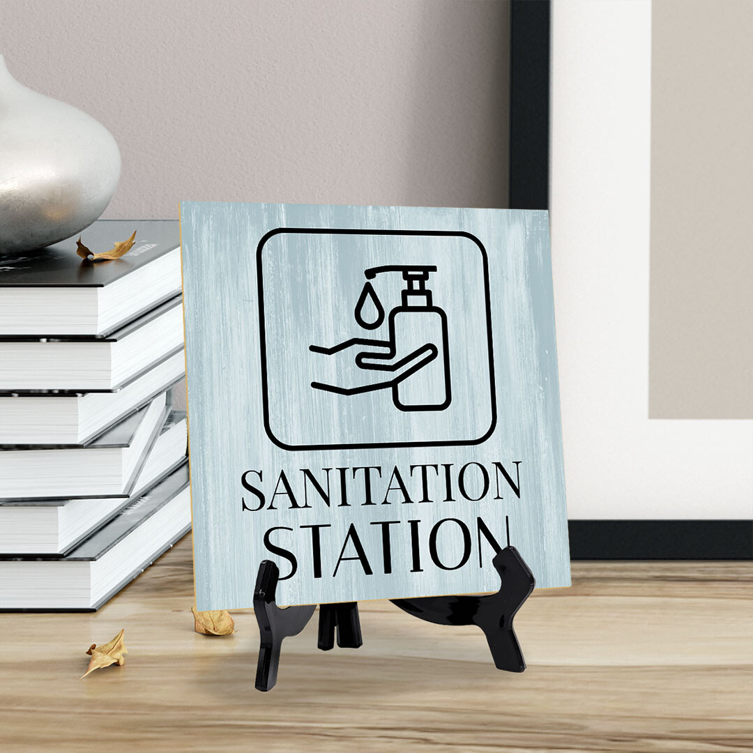 Sanitation Station 5″x 5″ Square Table Sign With Acrylic Easel | Restrooms Décor