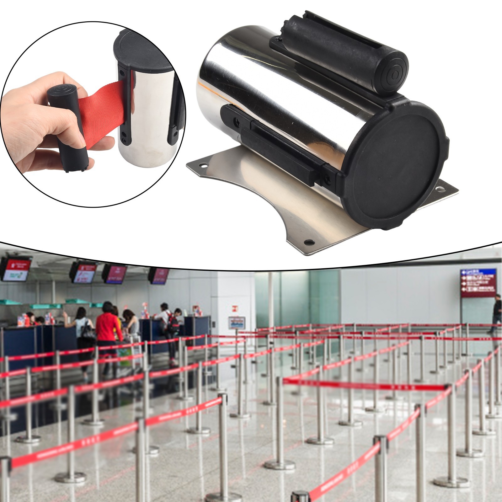 Crowd Control Stanchion with Retractable Tape and Stainless Steel Construction