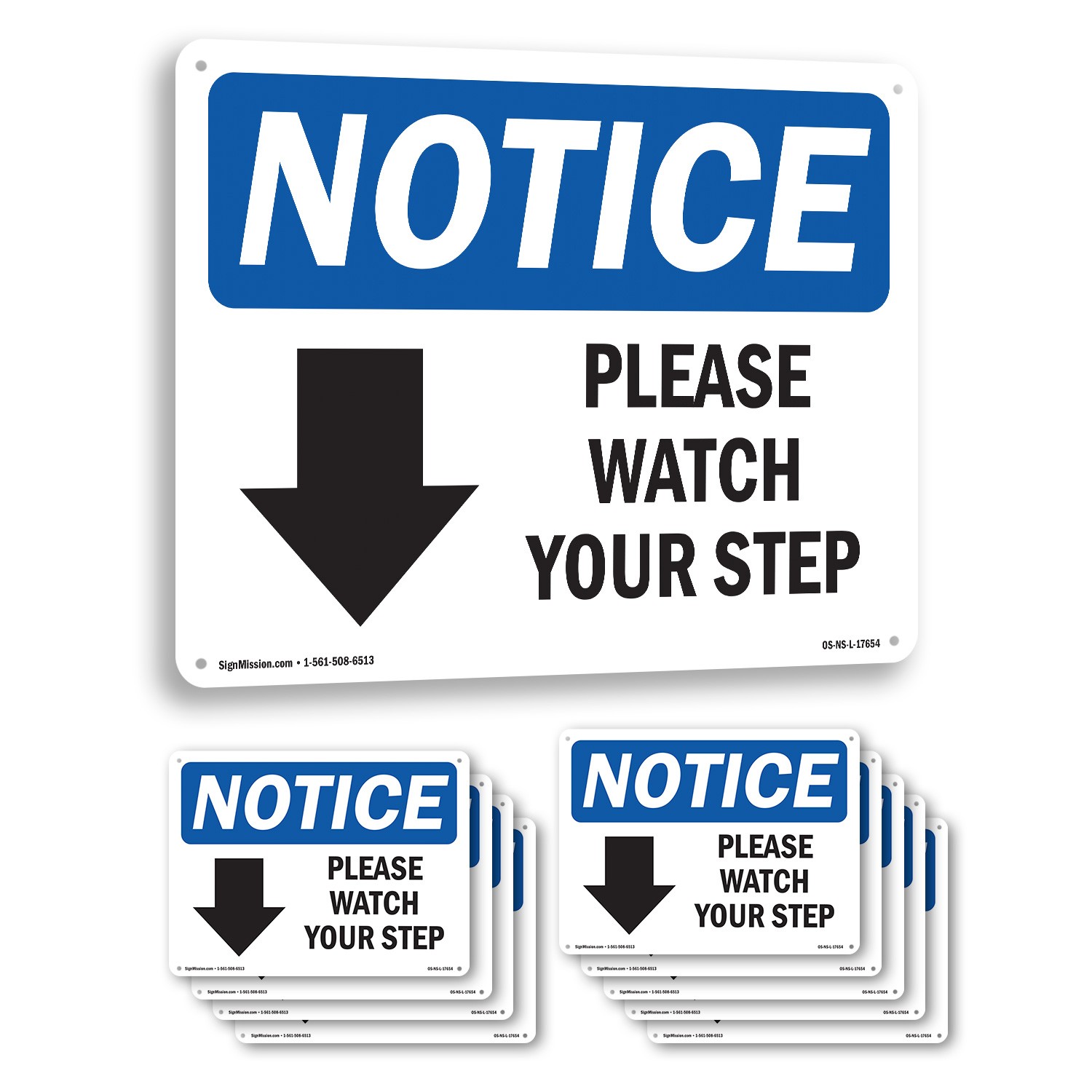 Please Watch Your Step [Down Arrow] OSHA Notice Sign Or Decal – 5 or 10 Pack