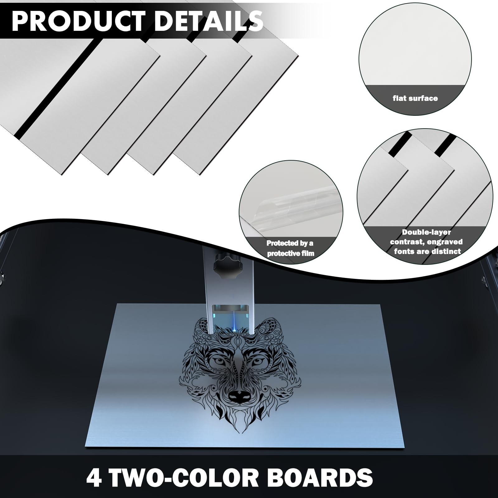 4 PCS Mirror Silver Black Laser Engraving Double Color ABS Sheet 12×8 Inch