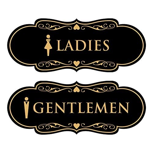 Elegant Restroom Signs Set of 2 – Black Gold Designer Figurines for Ladies & Gen