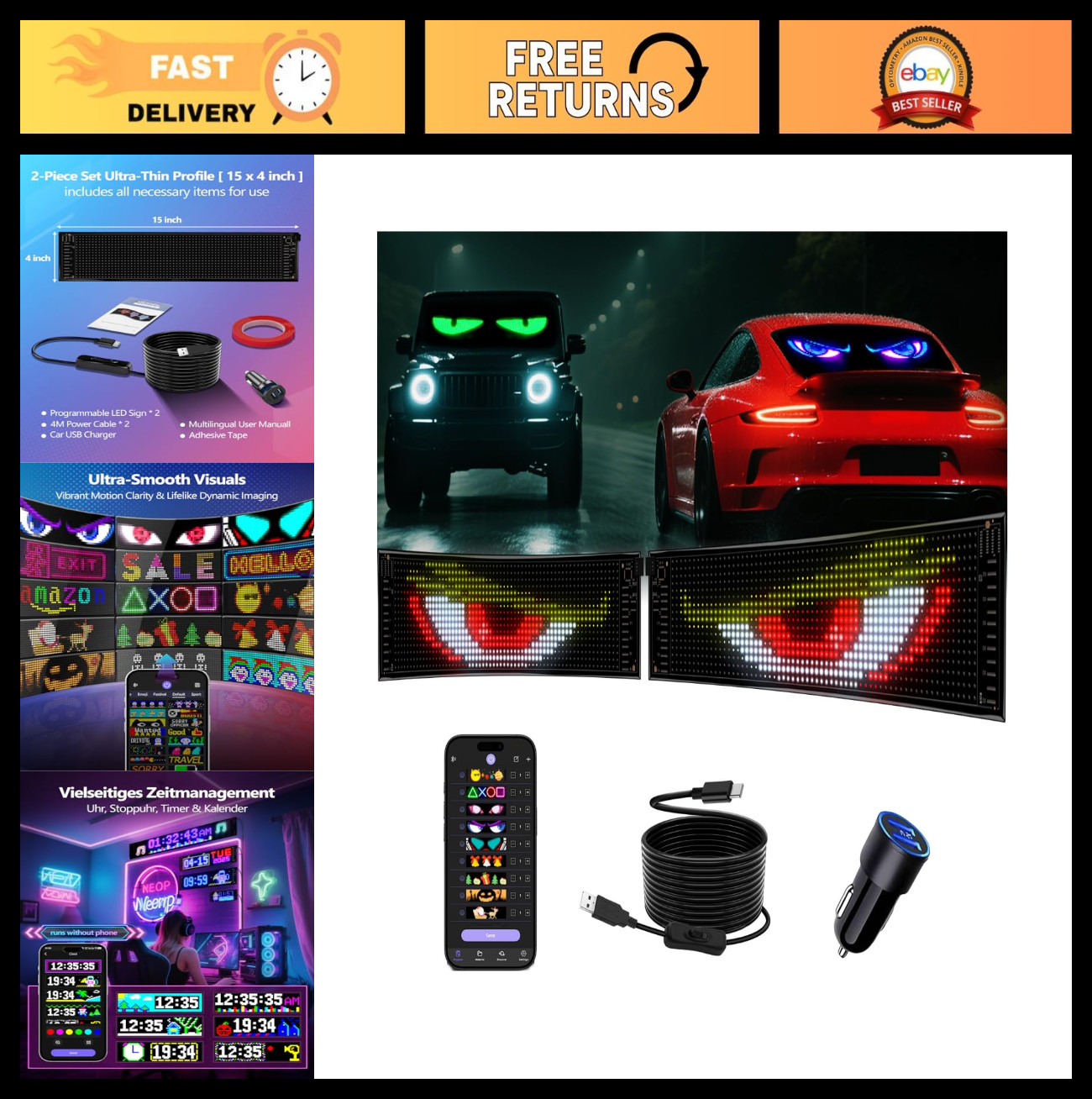 2PCS Programmable LED Devil Eyes for Cars – Flexible Matrix Display, Custom Text