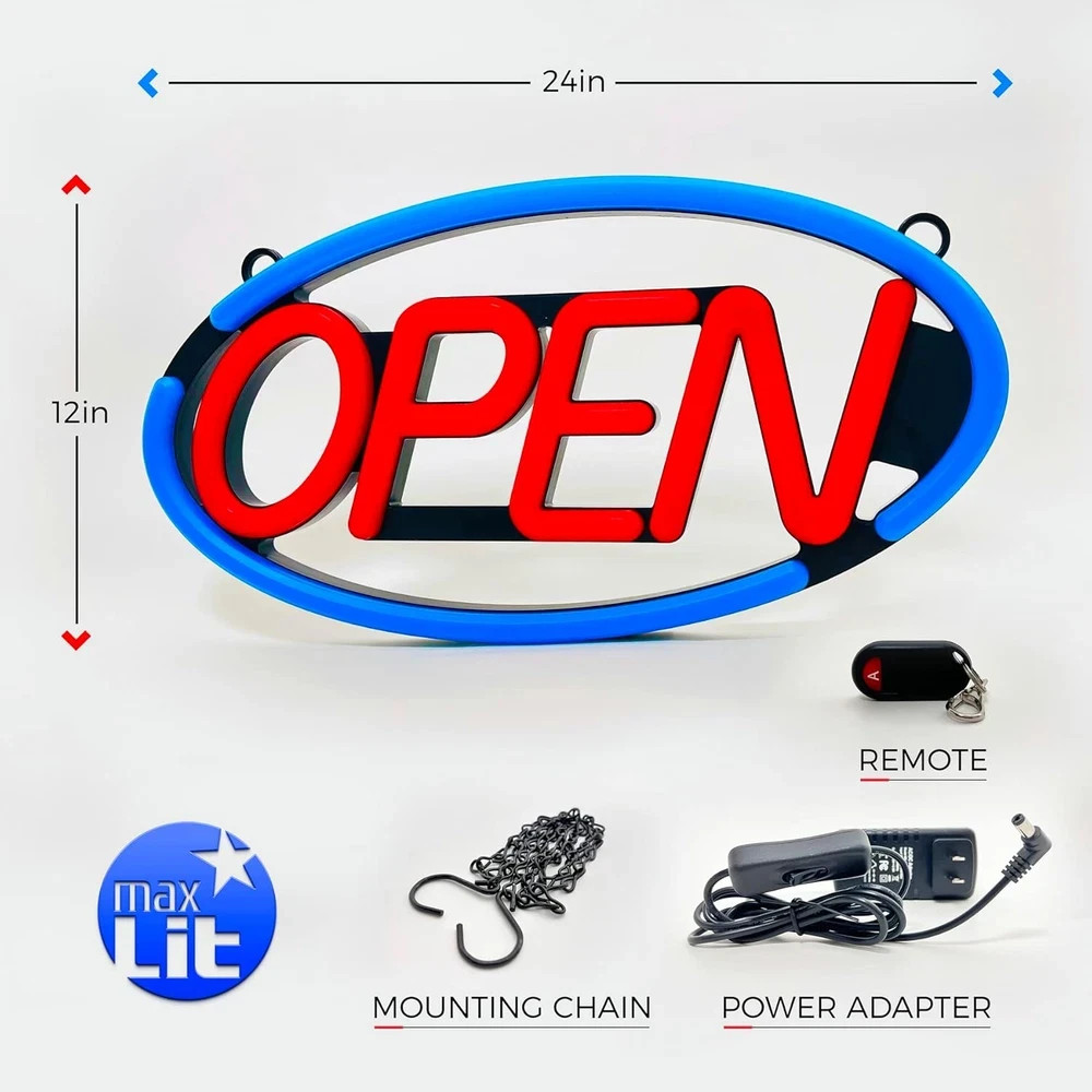 Large Oval LED Neon Open Sign – 24” x 12” (Blue/Red)