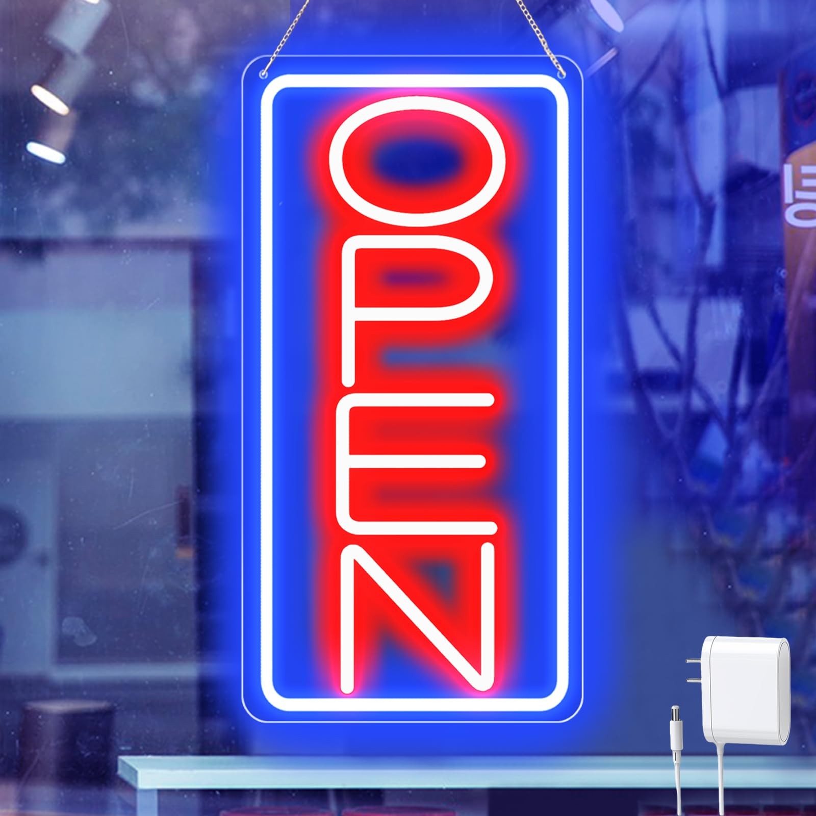 16.5″ X 9″ Led Neon Open Signs 16.5×9 inch with AC Adapter, Blue/Red-Vertical