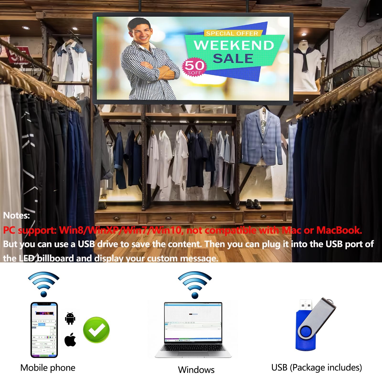 P3 Full Color LED Scrolling Programmable Brightness Adjustable, IP65 , 40”x17”