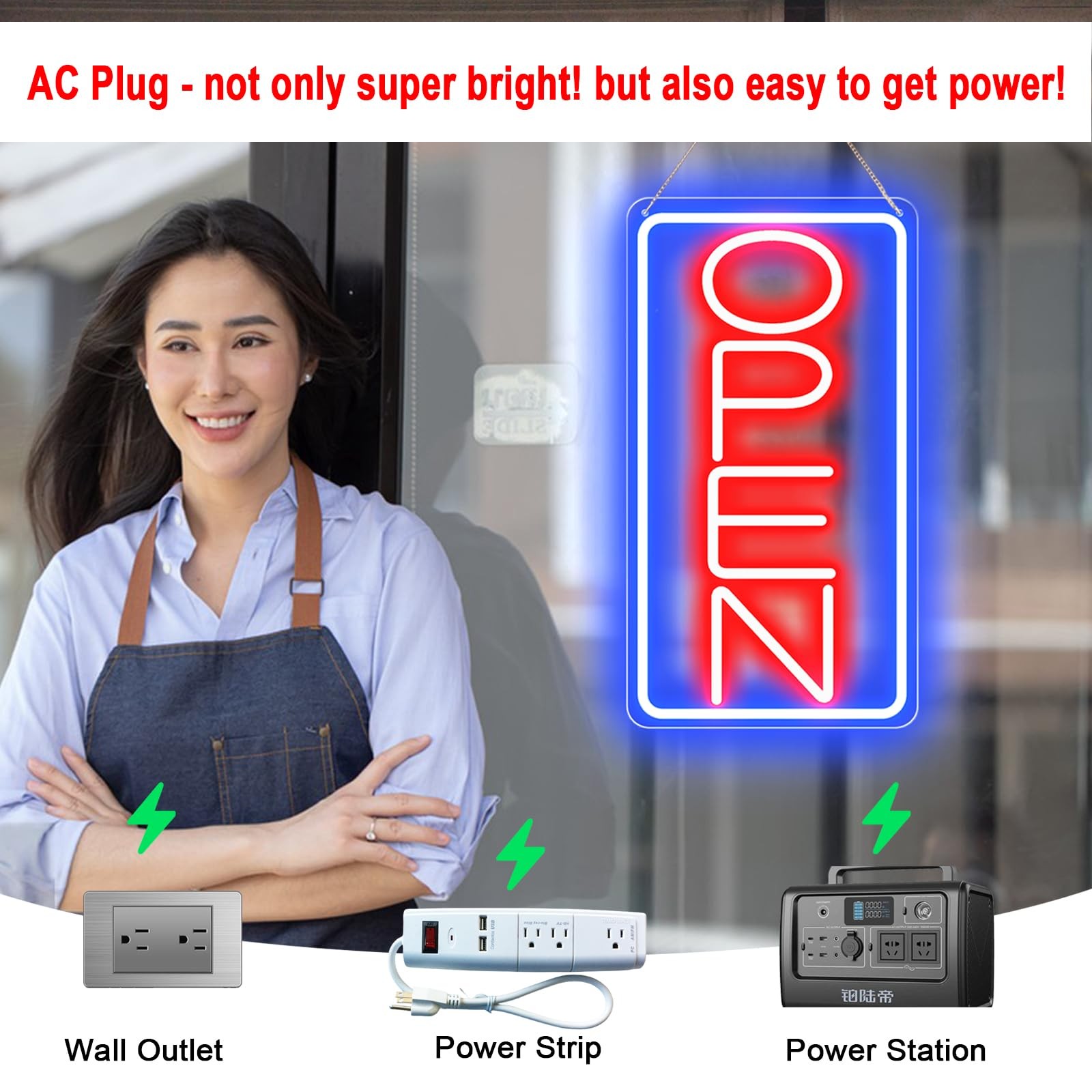 16.5″ X 9″ Led Neon Open Signs 16.5×9 inch with AC Adapter, Blue/Red-Vertical