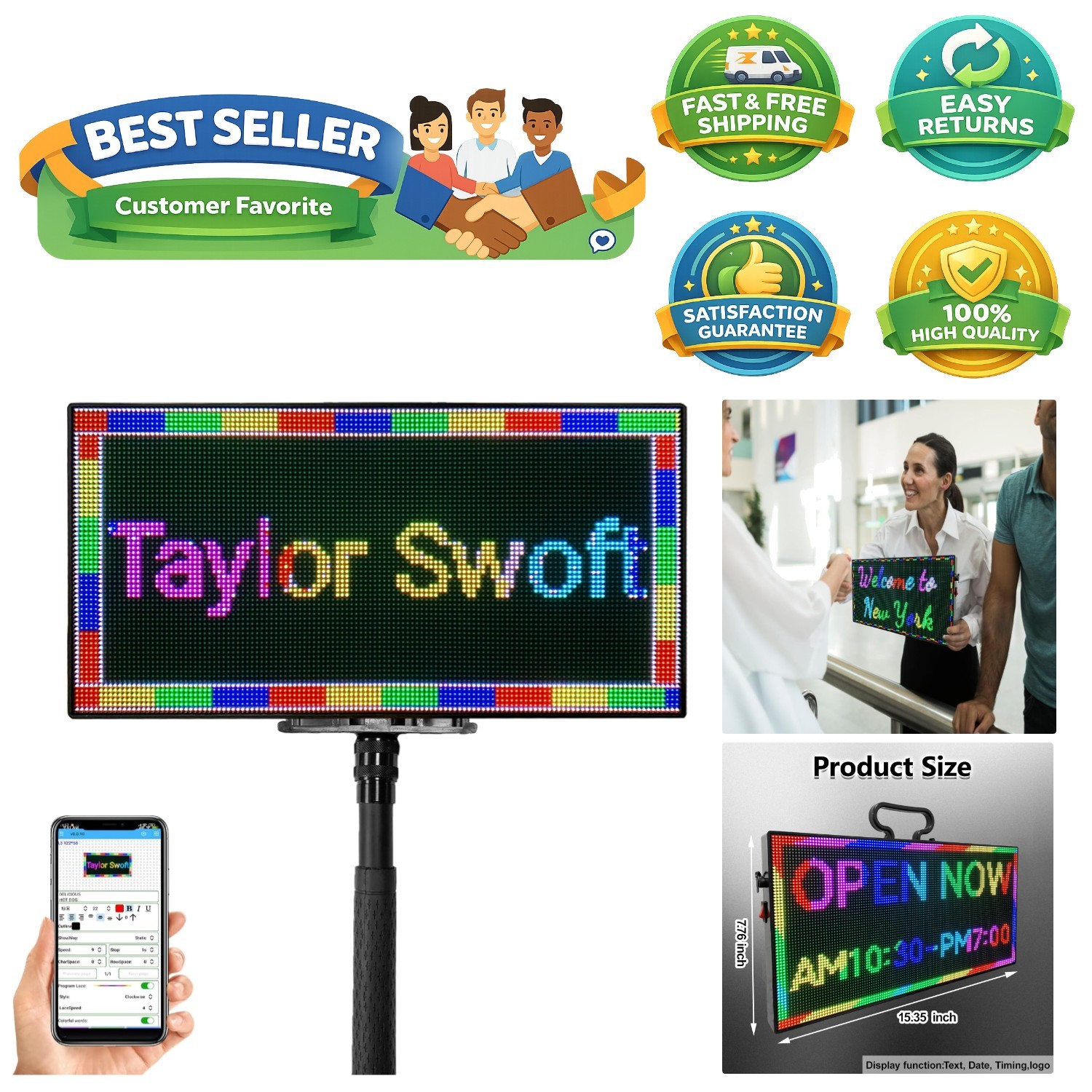 P2.5 Programmable LED Sign Board 15×7 Inch – WiFi-Controlled Portable Display