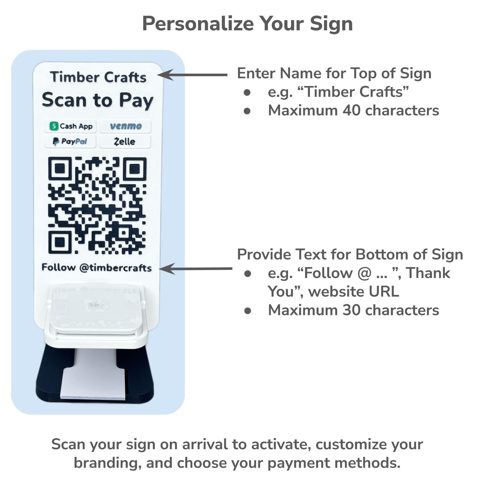 Square Reader Holder and QR Code Payment Sign with Business Card Dispenser