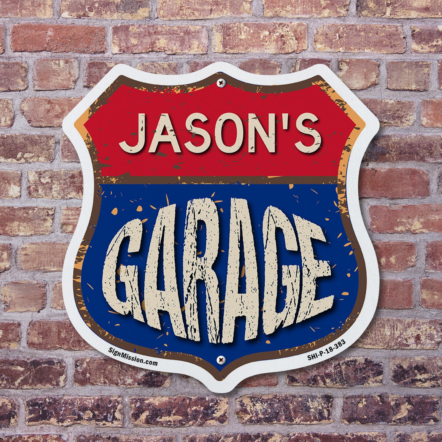 Jason’s Garage Shield Shaped Sign Weather Resistant Crafted in the USA