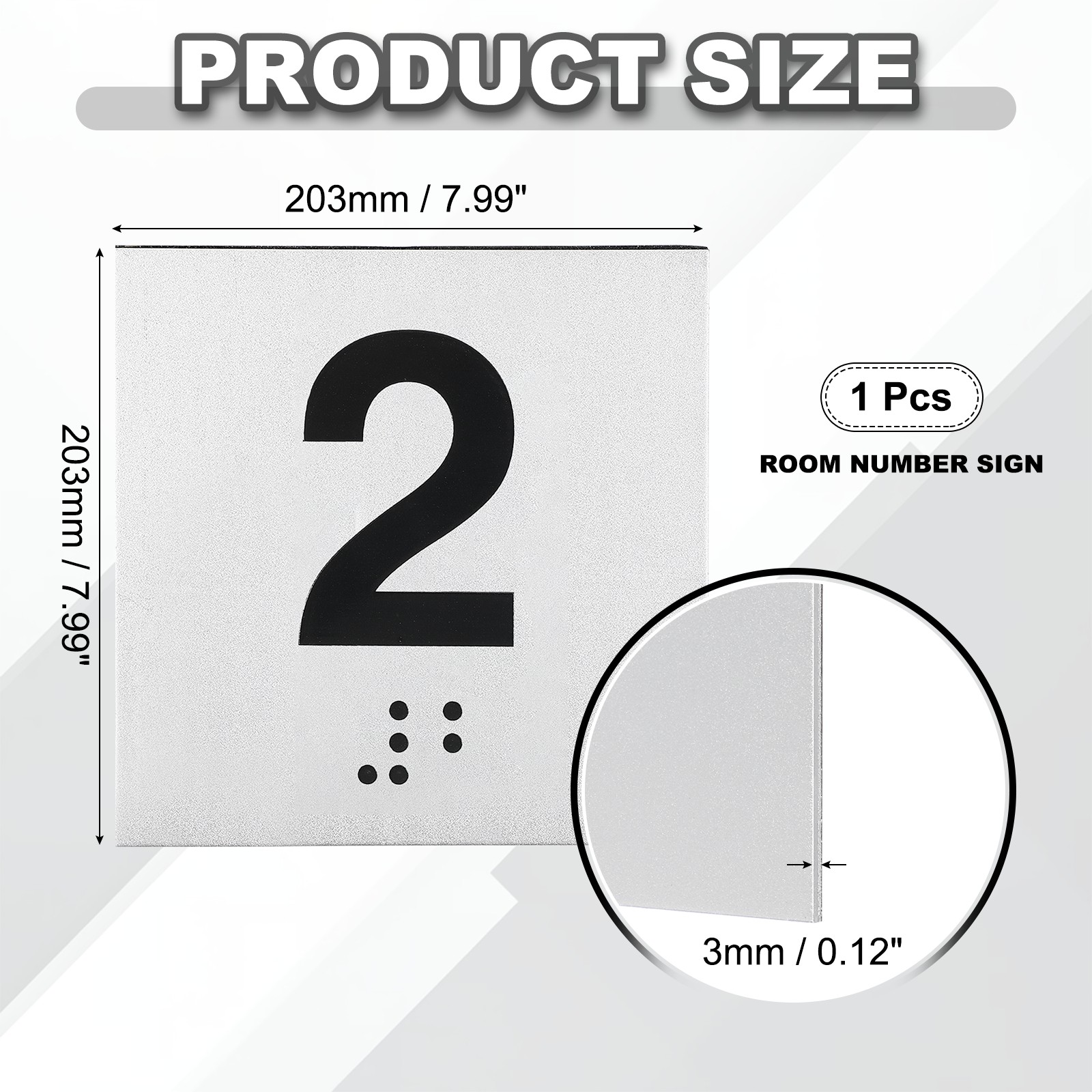 Exam Room Number Sign, 8″ x 8″ Number 2 Sign with Braille, Black on Silver