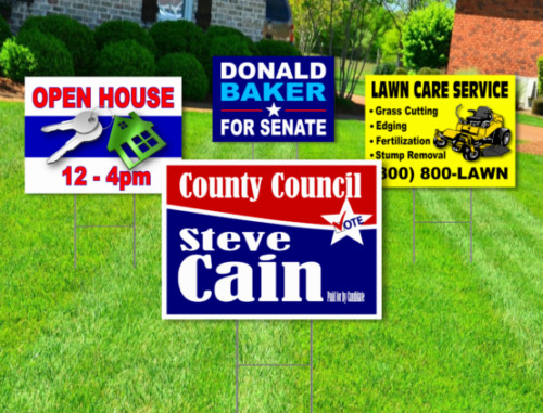 50 Pack – Custom Yard Signs-18×24-Full Color Design-Double Sided-Stakes Optional