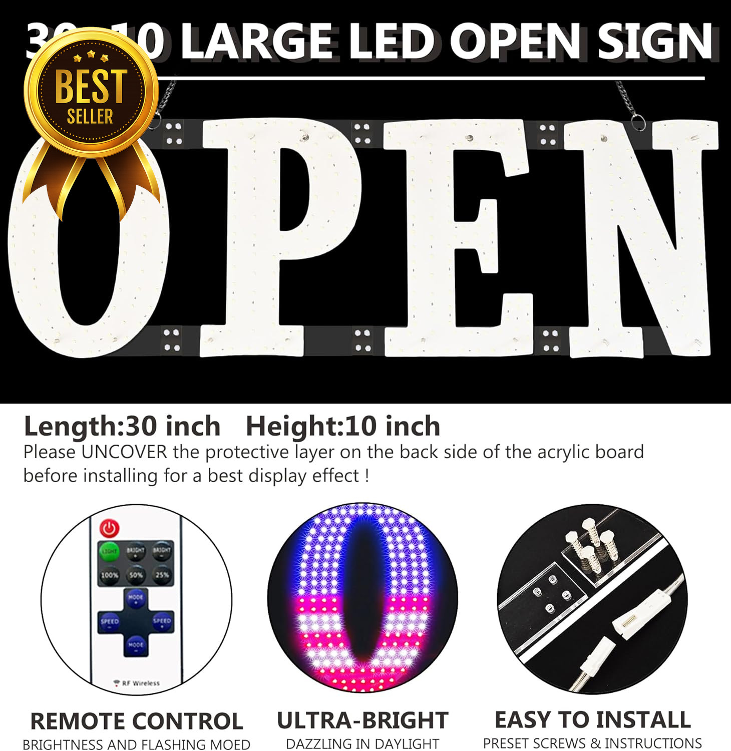 USA Flag LED Open Sign 30×10 Inch with Remote Control Window Door Business Bar C