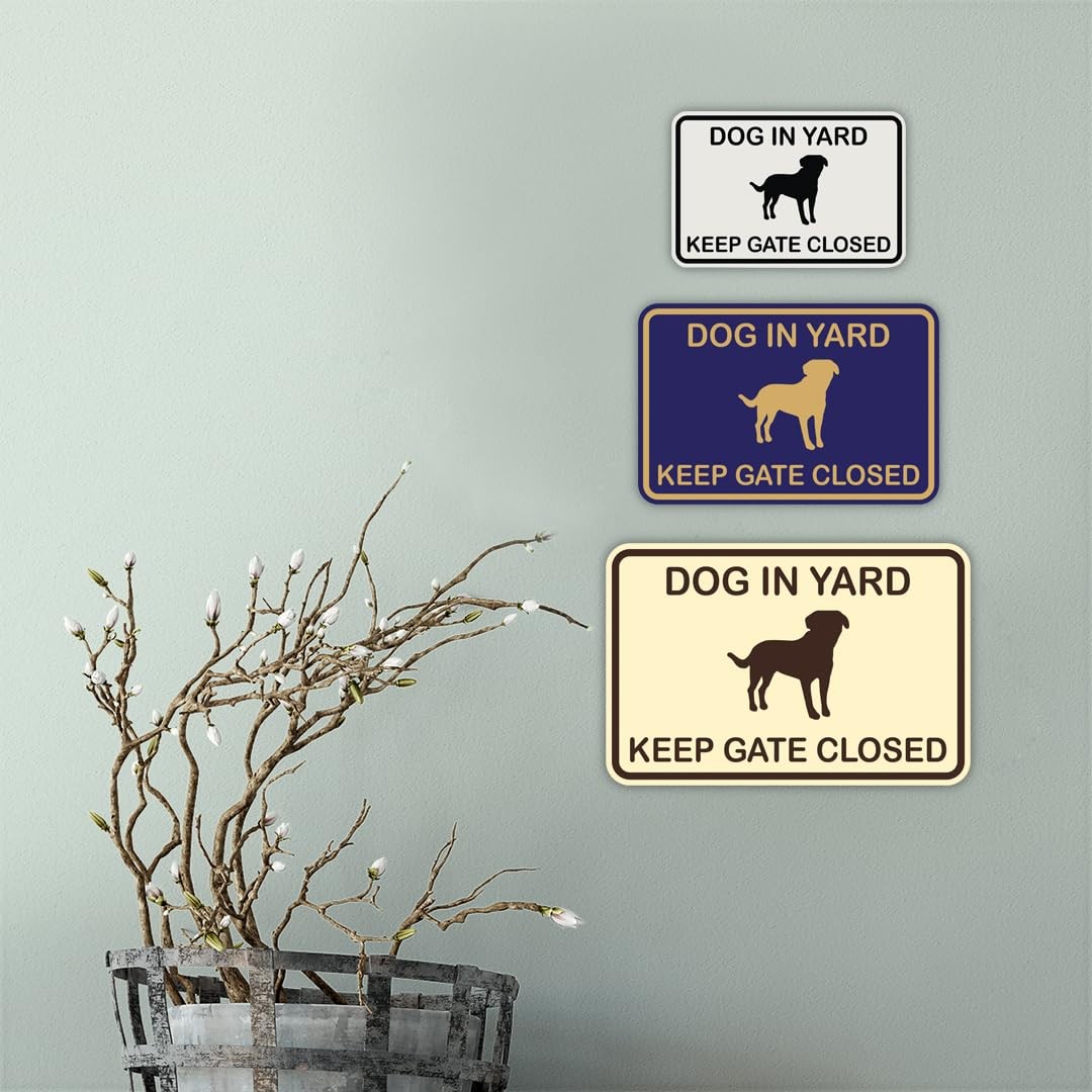 Classic Framed Dog in Yard Keep Gate Closed Wall Door Sign – Navy Blue/Gold S…