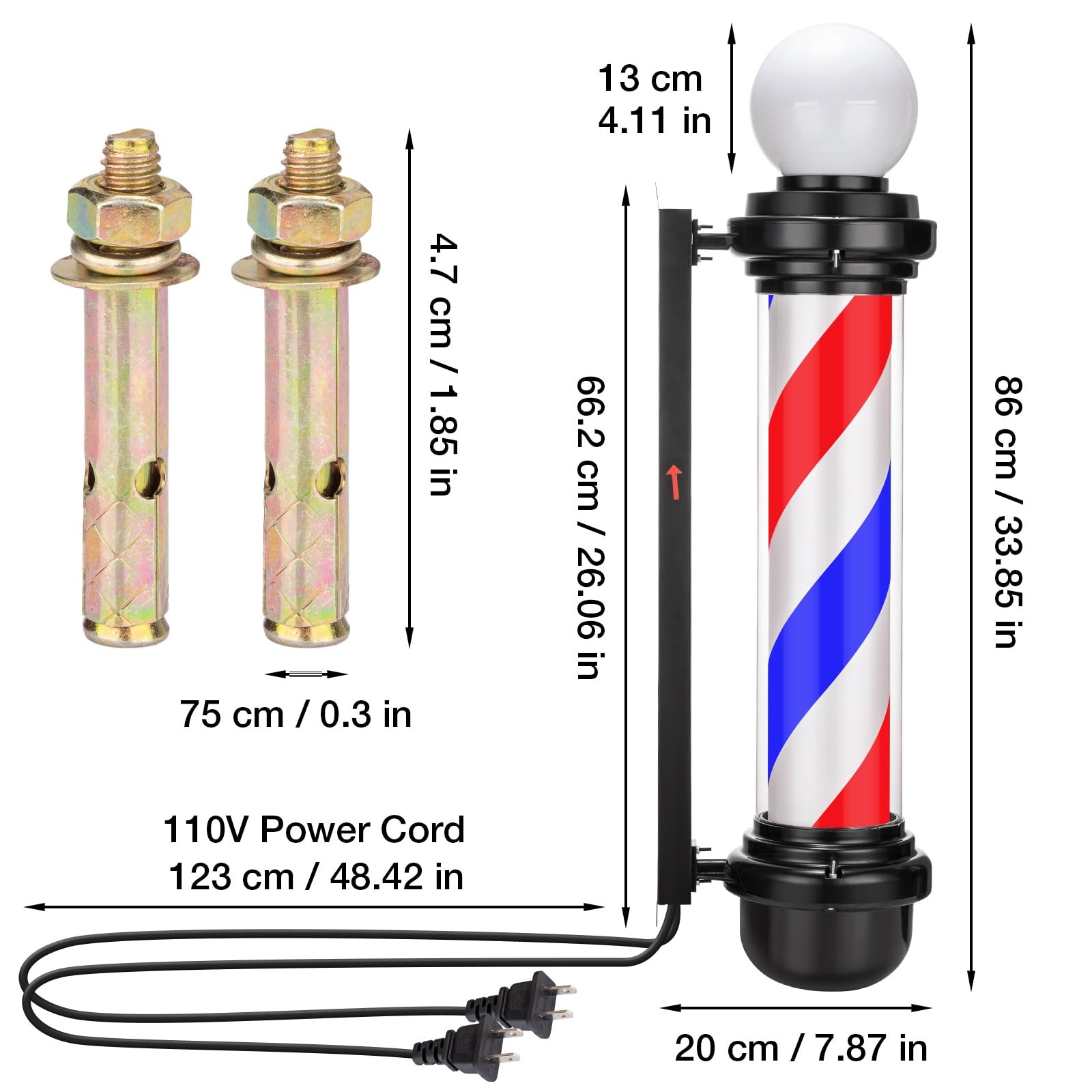 Noverlife 34In Barber Pole Led Sign Barber Shop Pole Red Blue White Stripes