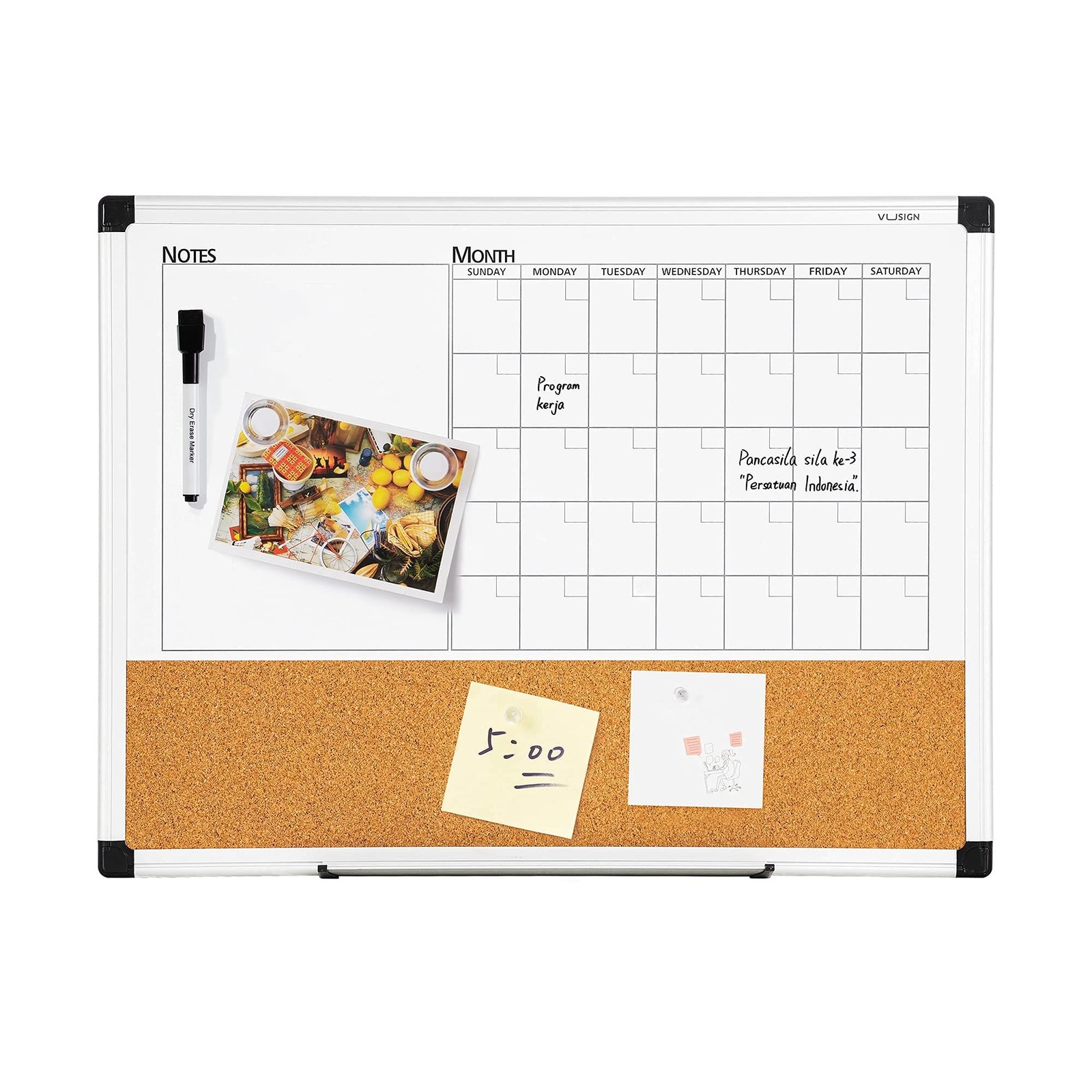 VUSIGN Monthly Calendar Whiteboard Dry Erase Cork Board Combo, 18″ x 24″ Plan…