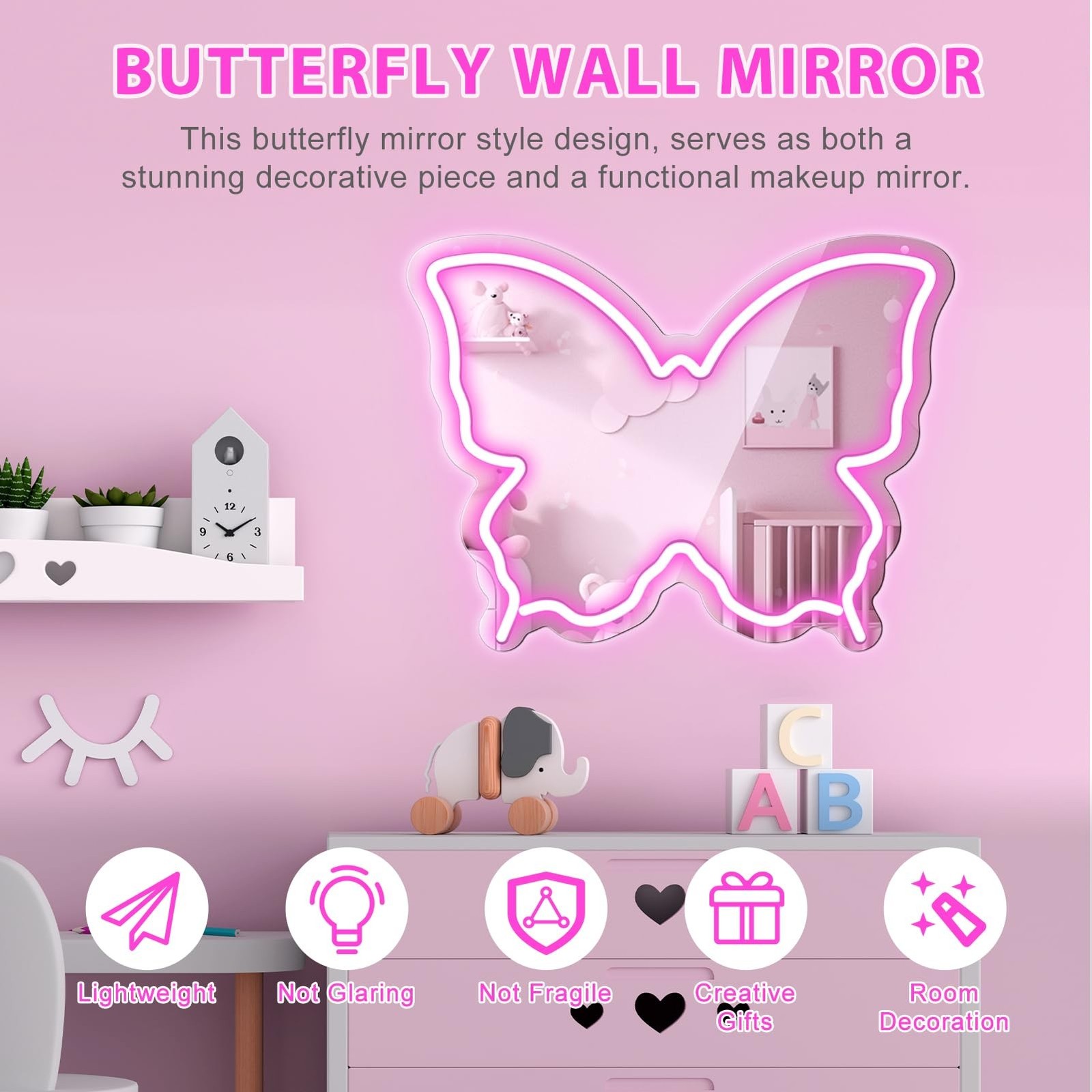 Butterfly Neon Sign Mirror, LED Neon Sign for Wall Decor, 15.7” x 12” Dimma…
