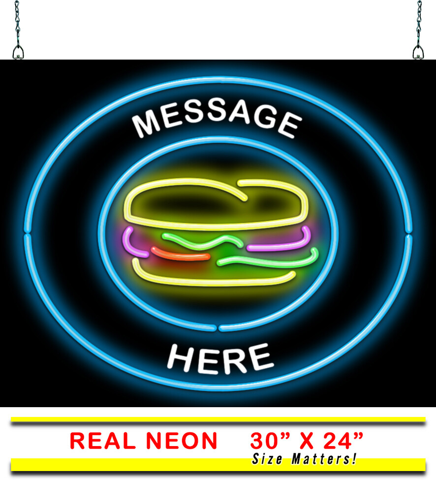 Custom Message Burger Neon Sign Window or Wall Use Personalized Hand Bent Glass