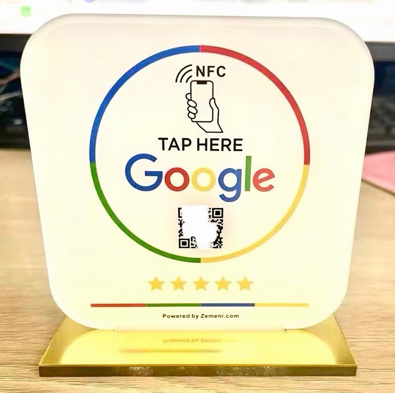 Zemeni.com NFC Tap/QR Google Review Countertop Tabletop Frame Information Sign