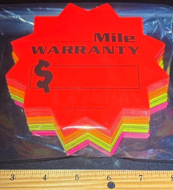 NEW!!! 100 MODERN CAR DEALER SIGNS ⭐MILE WARRANTY⭐ BURST WINDSHIELD SLOGAN TAGS