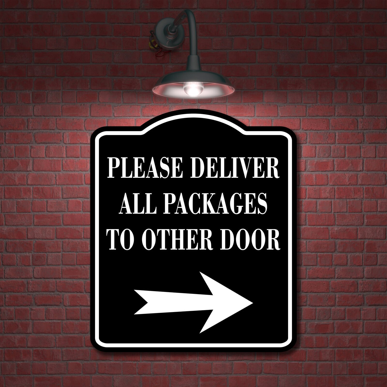 Please Deliver All Packages To Other Door Right BLACK Aluminum Composite Sign