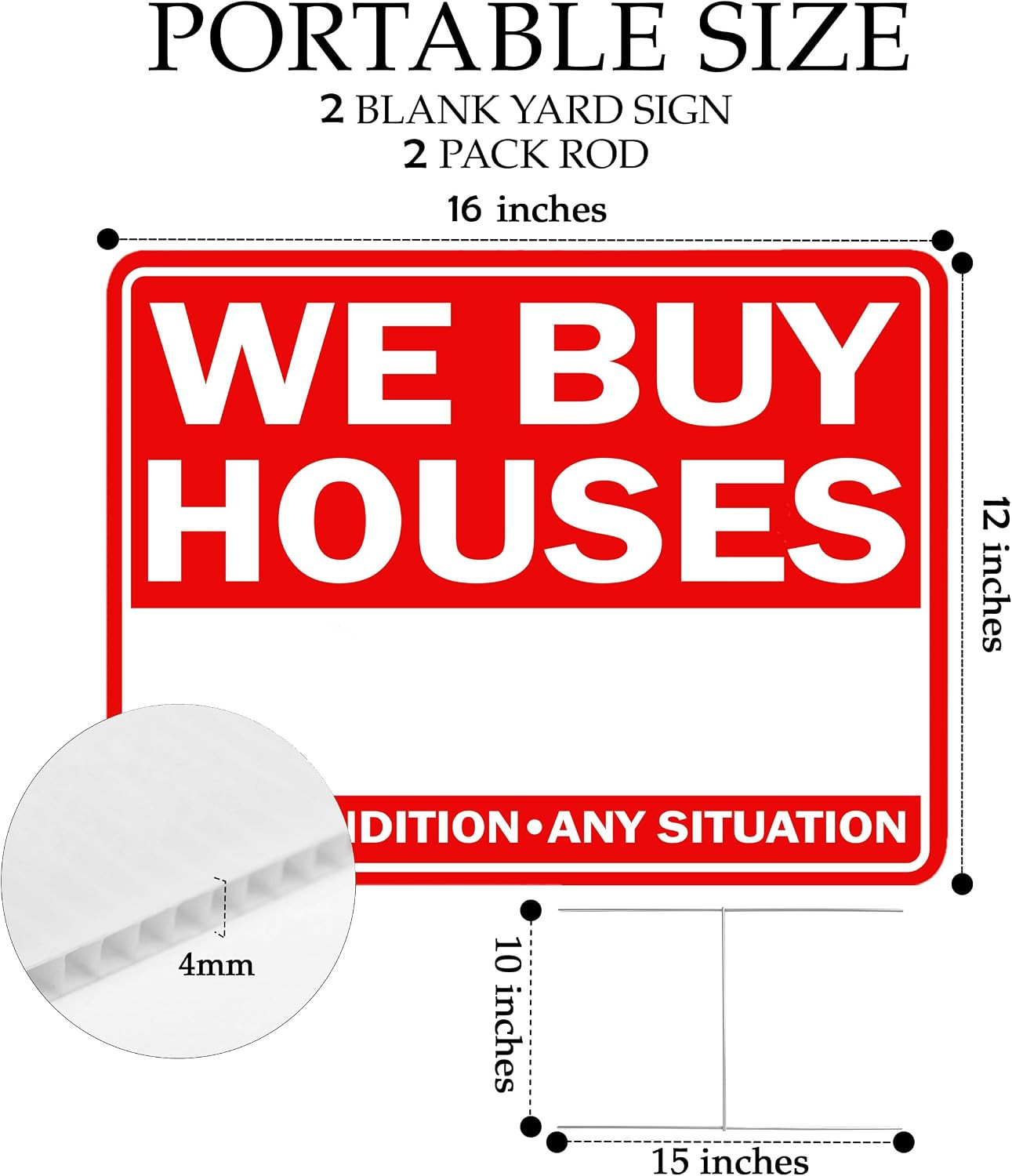 We Buy Houses Yard Sign Double Sided with Stake Large 17 Inch by 13 Inch Red (2)