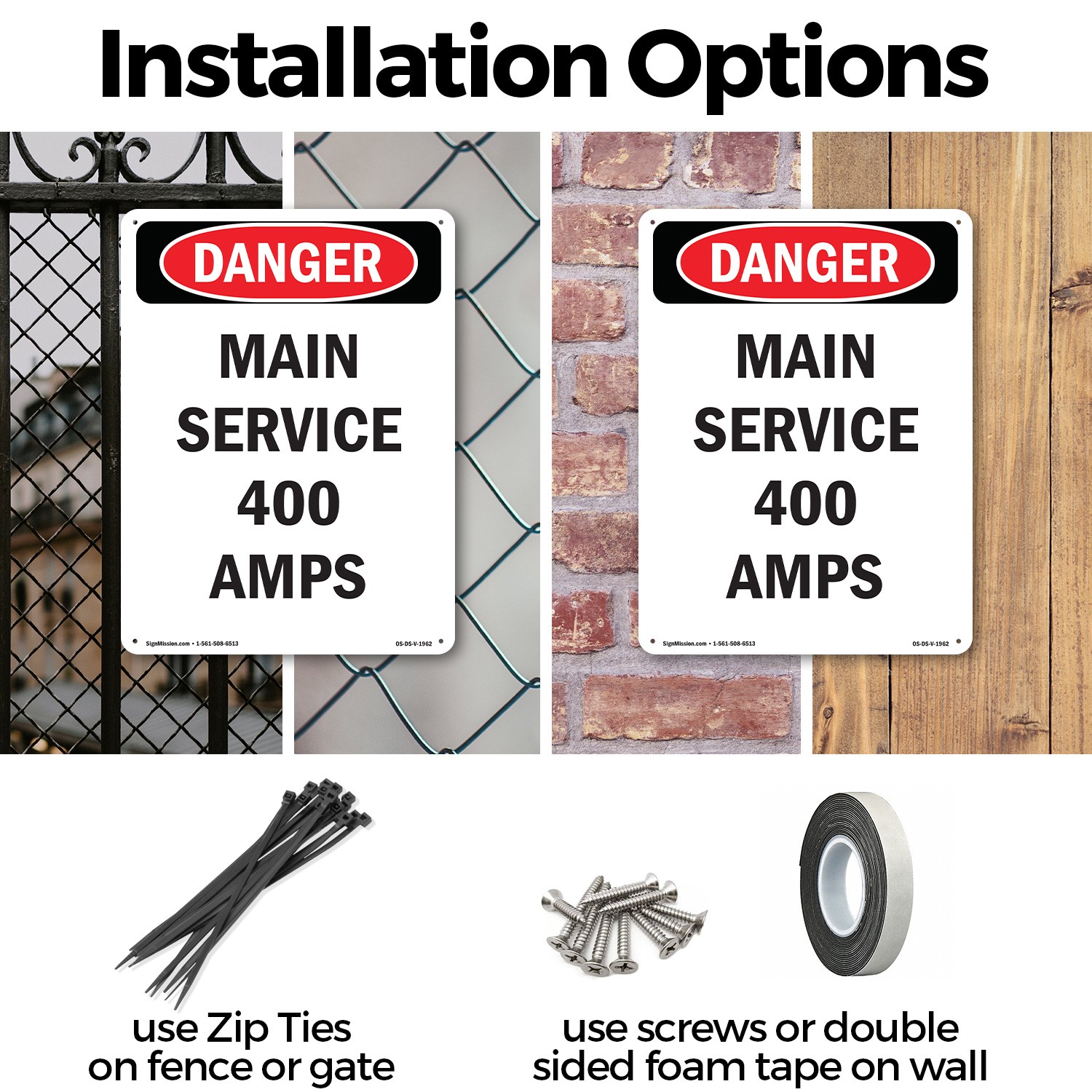 Main Service 400 Amps OSHA Danger Sign Metal, Plastic, Or Decal – 5 or 10 Pack
