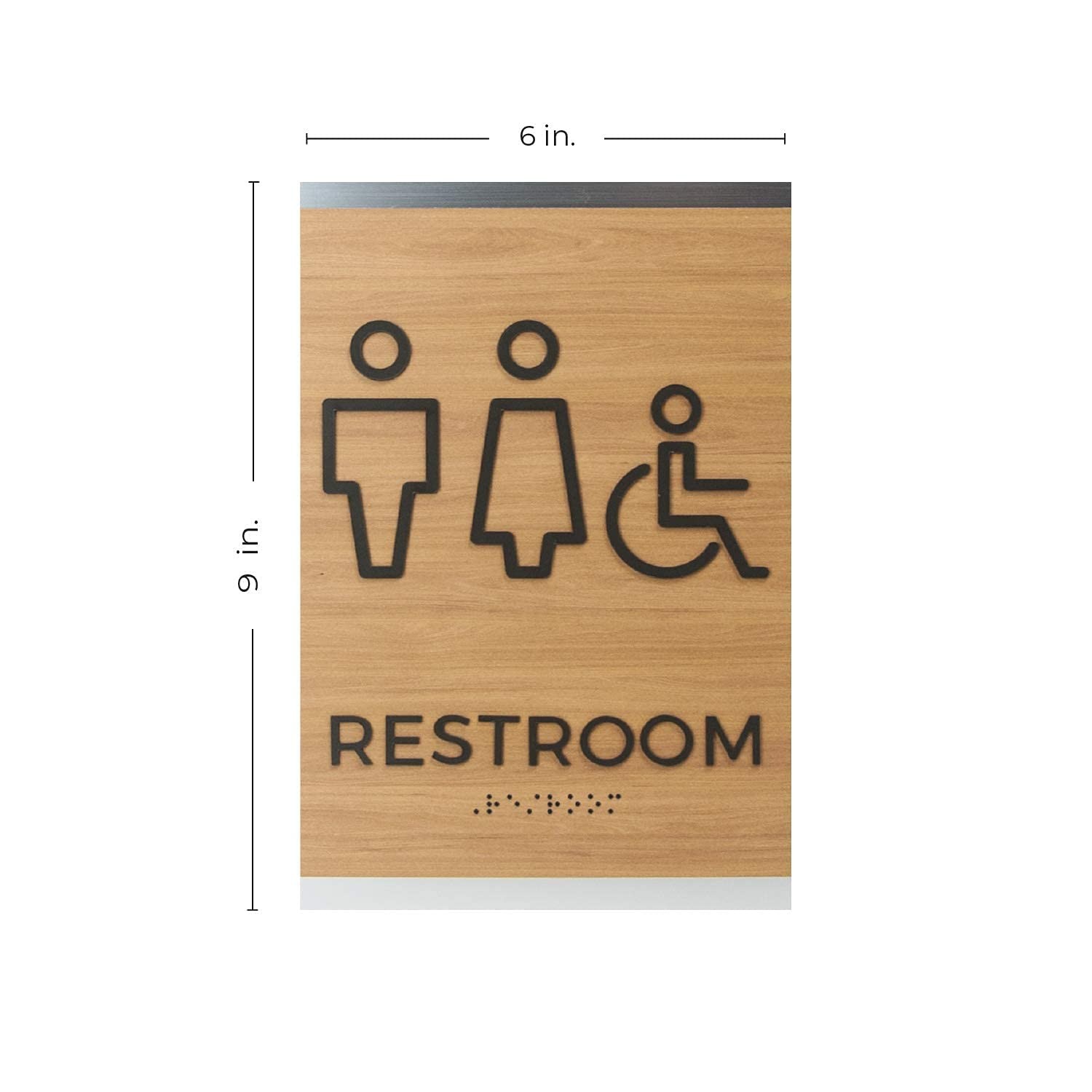 6×9 Inch Oak Woodgrain Unisex ADA Restroom Sign with Braille Wheelchair Access