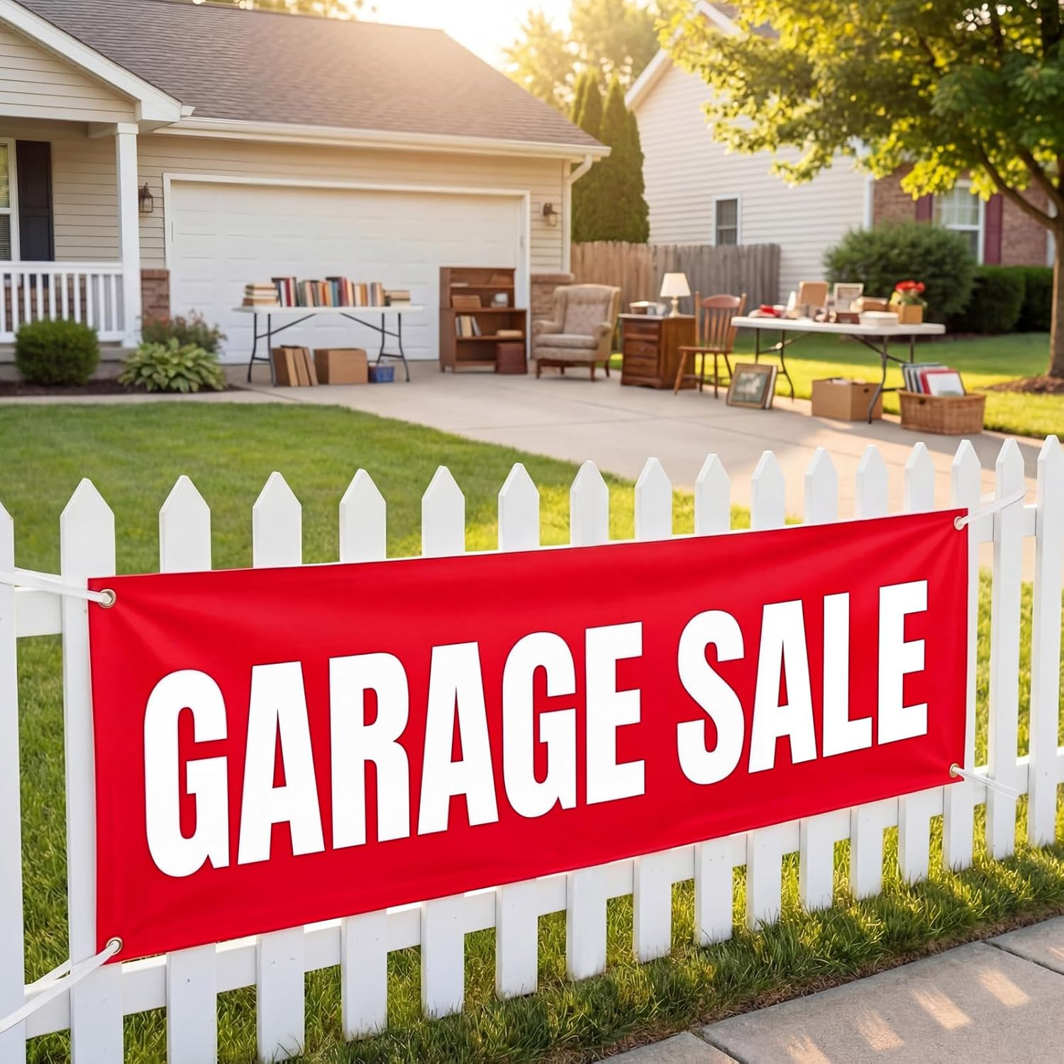 6 X 2 Ft Garage Sale Banner Kit – High Visibility Red Yard Sign with 32Ft Rope &