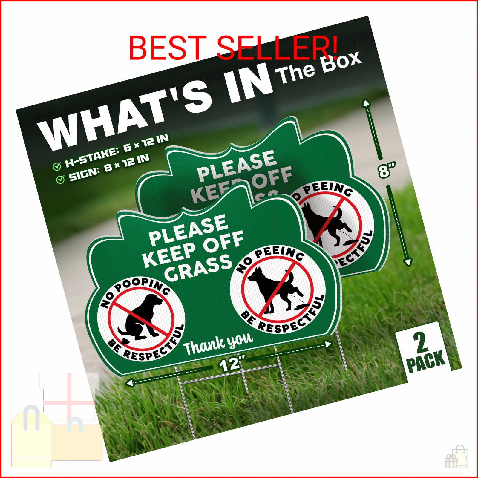 Keep Off Grass Signs for Yard with Stakes, 8 x 12 Inch Double Sided No Dog Poop
