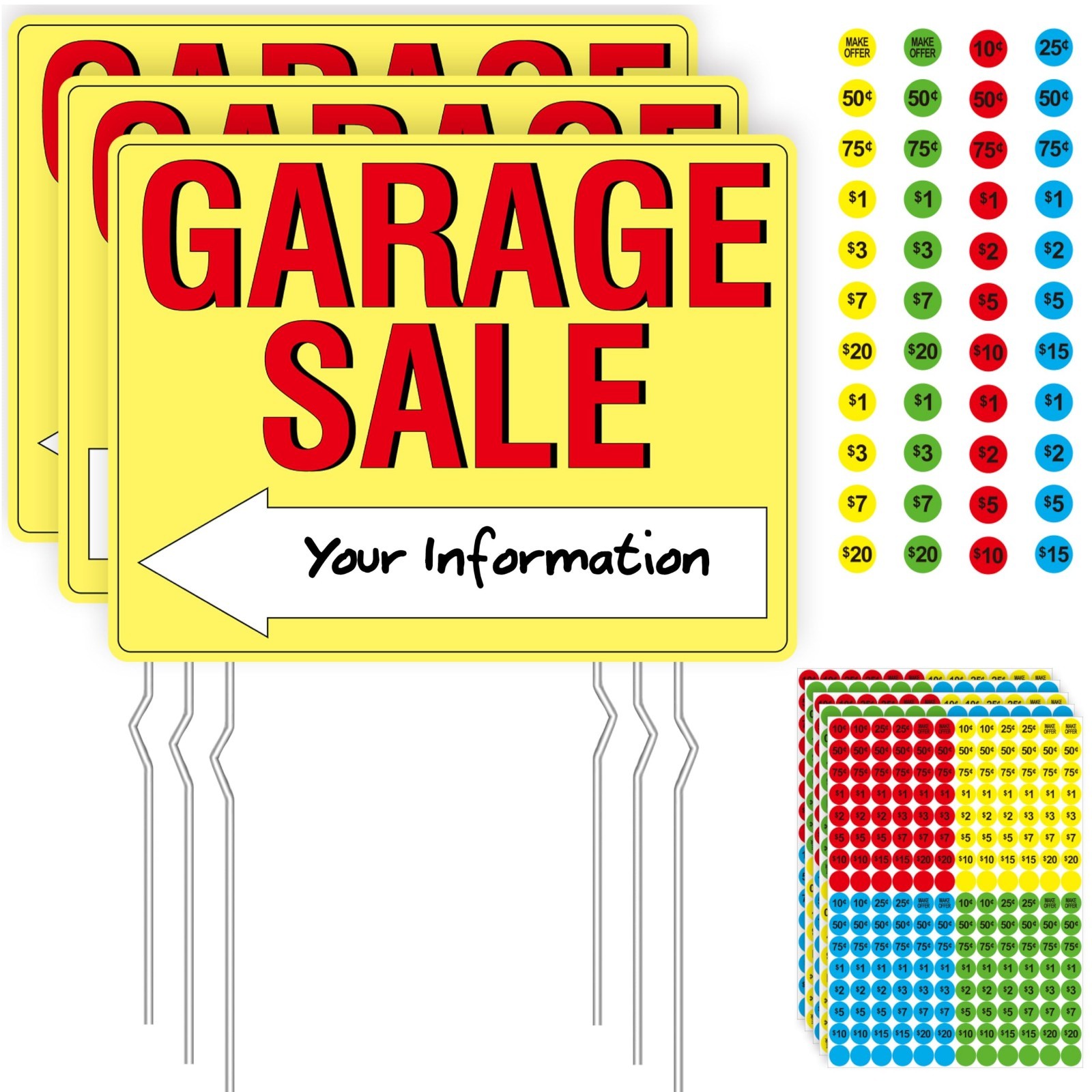 3PCS Double-Sided Garage Sale Signs with 6 Metal Stakes & 960 Price Labels – Bri
