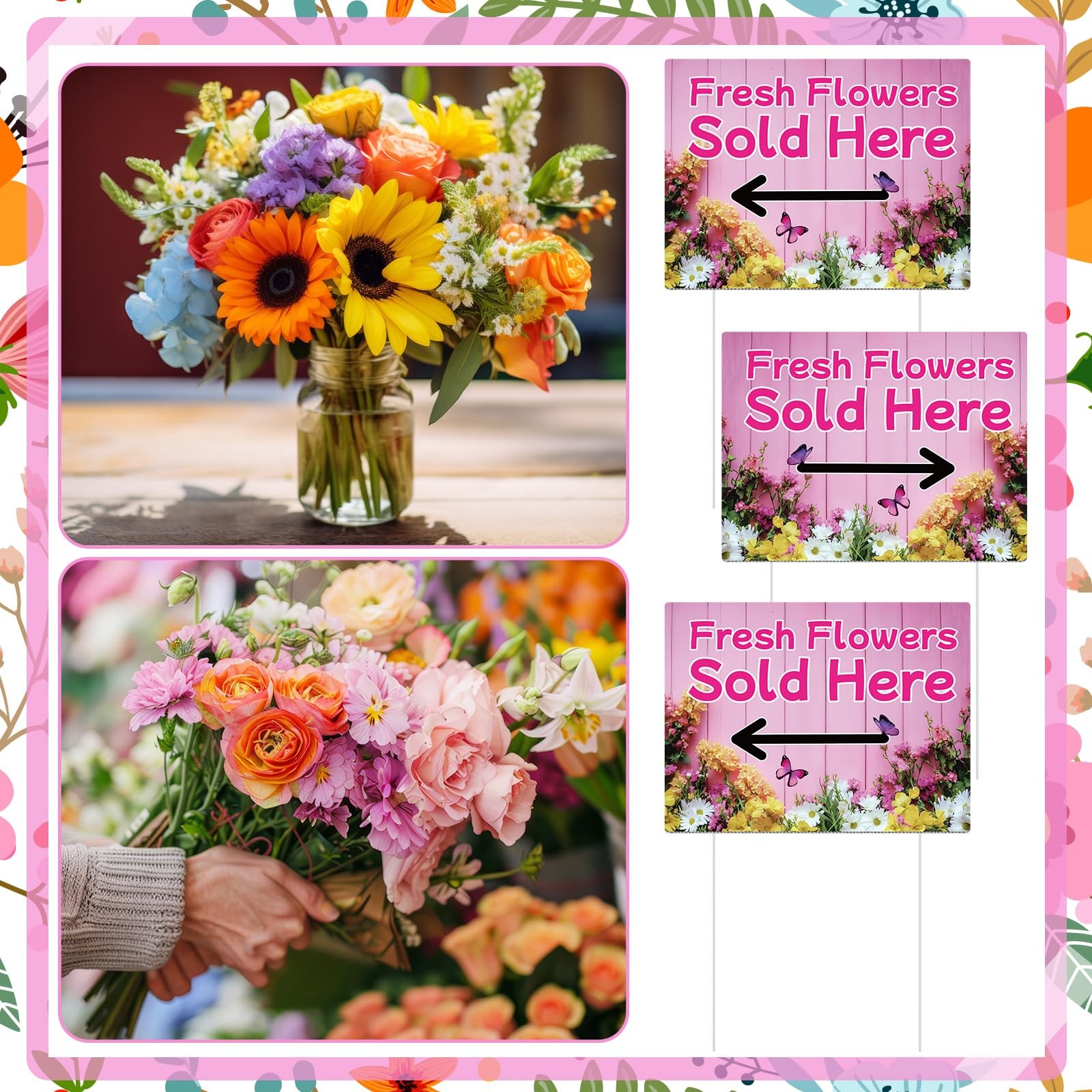 Pinkunn 3 Pack 16 x 12 Inch Fresh Flowers Sold Here Yard Signs with Stakes Do…