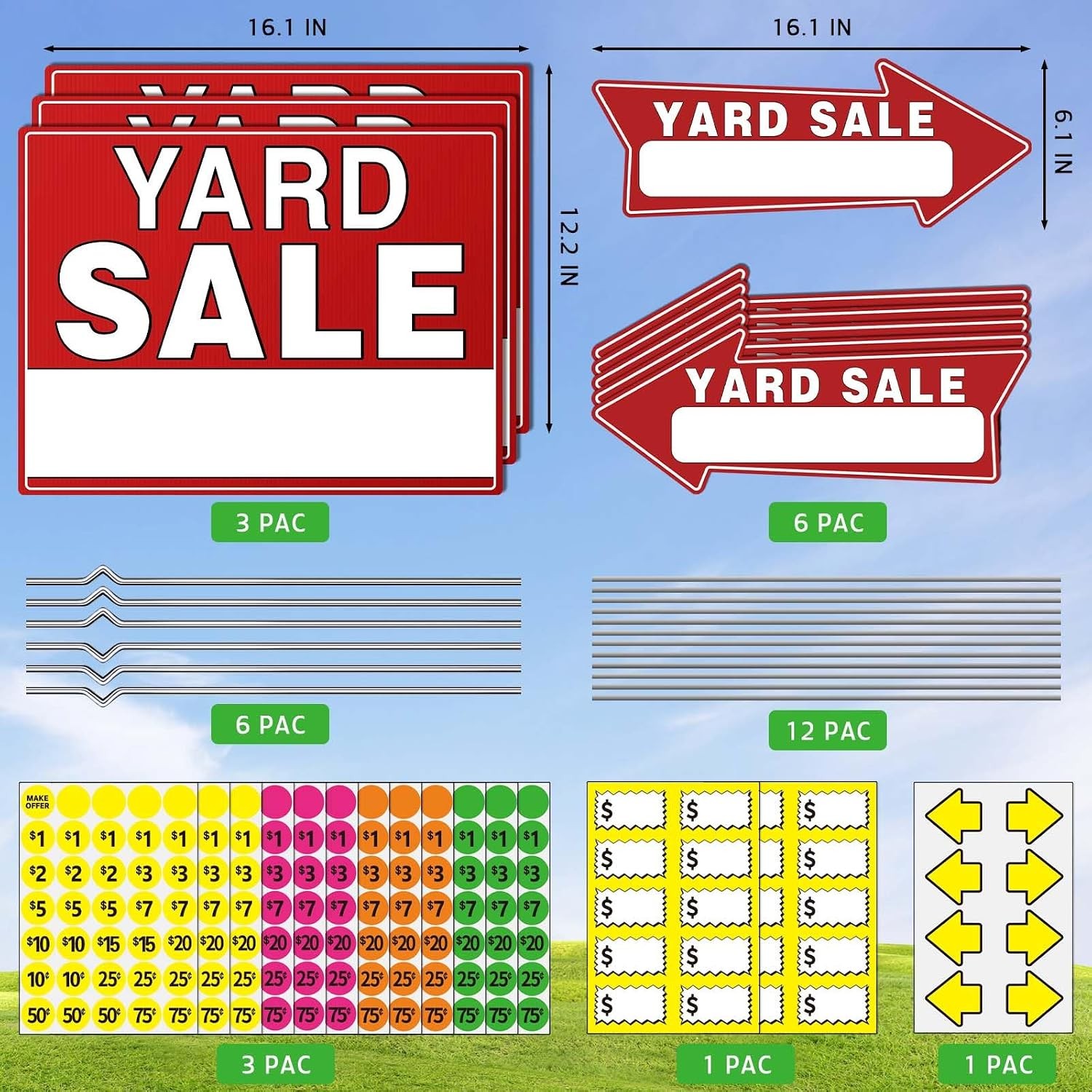 Yard Sale Signs Double Sided 17″ x 13″ Metal Stake Pricing Stickers Included