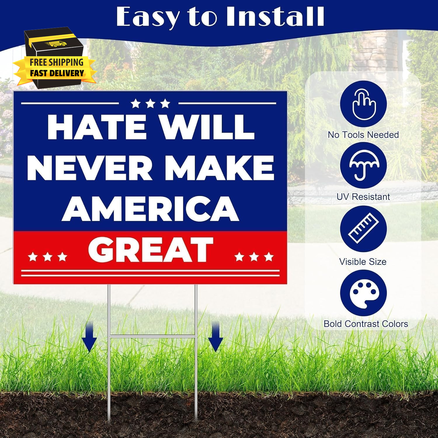 Anti Trump MAGA Yard Sign 17 X 12 Inch Hate Will Never Make America Great Sign w