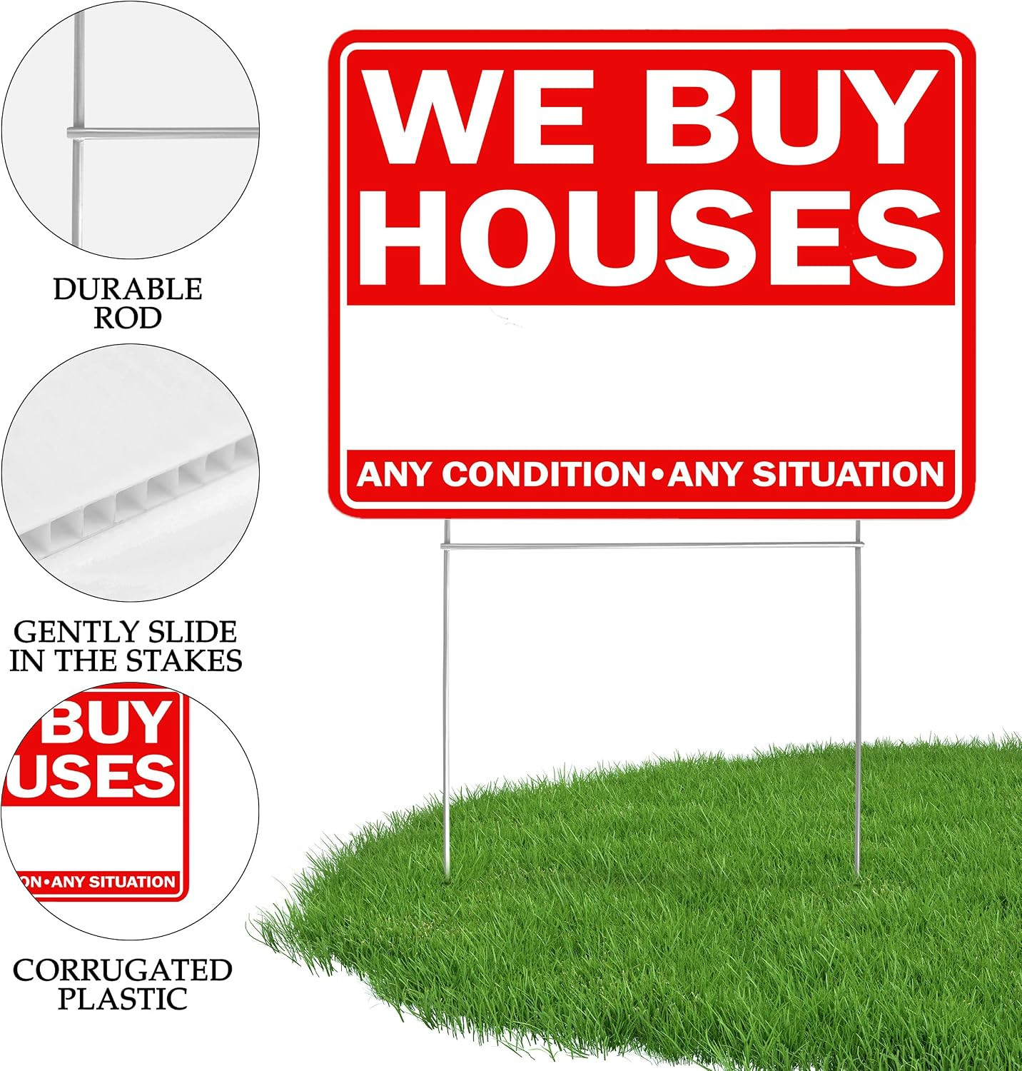 We Buy Houses Yard Sign Double Sided with Stake Large 17 Inch by 13 Inch Red (2)