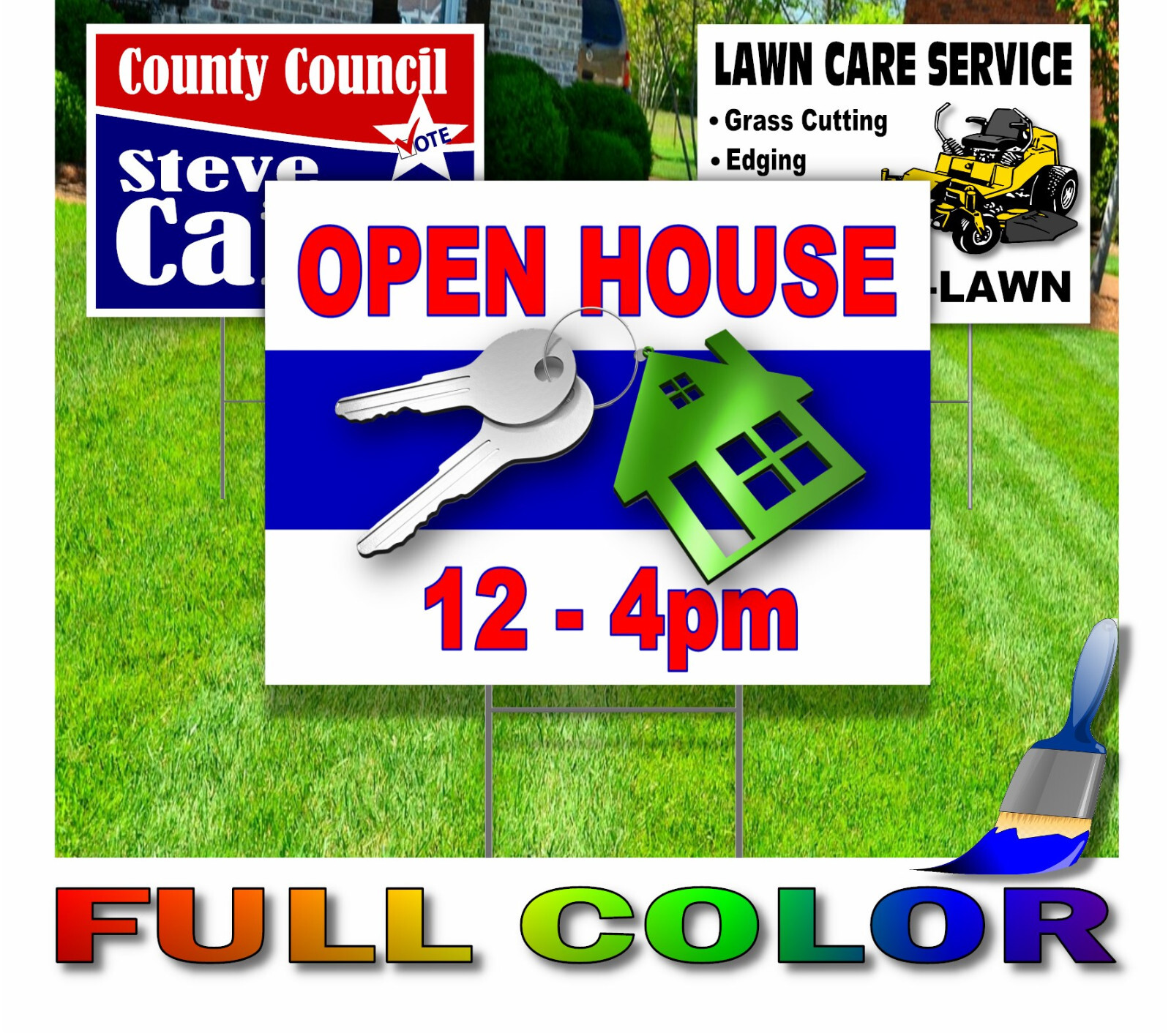 50 Pack – Custom Yard Signs-18×24-Full Color Design-Double Sided-Stakes Optional