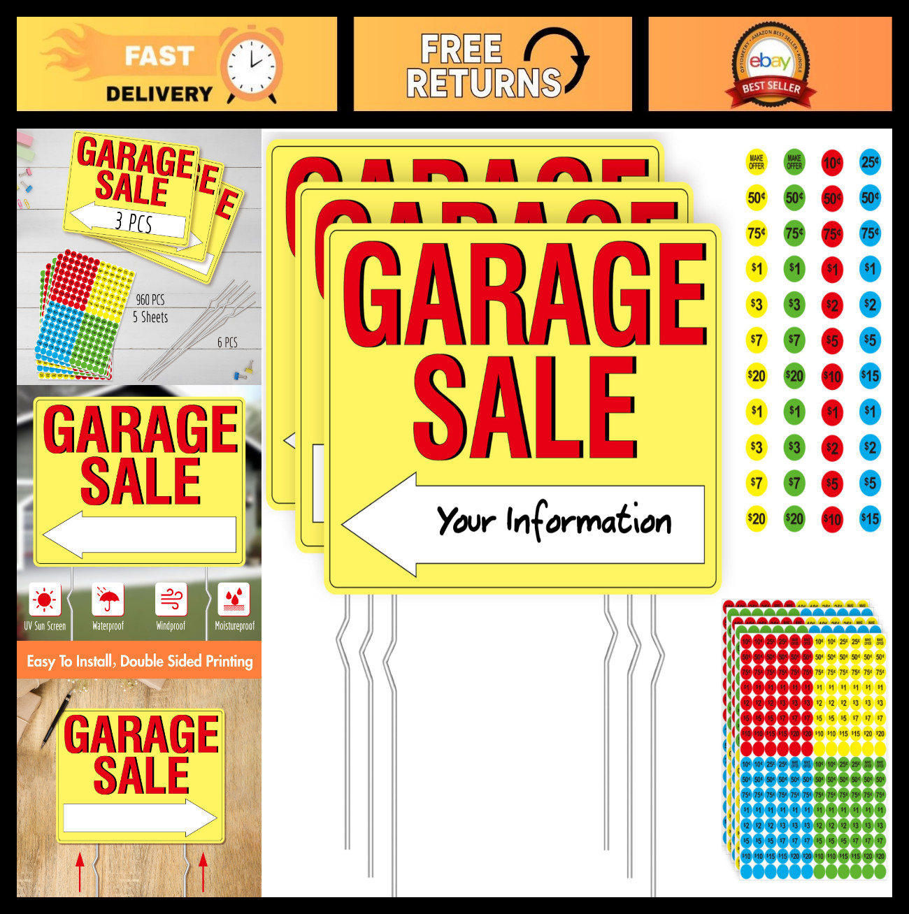 3PCS Double-Sided Garage Sale Signs with 6 Metal Stakes & 960 Price Labels – Bri