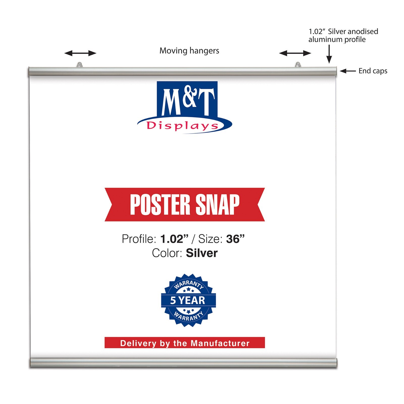 Poster Snap Hanger Set 36 inch Wall Mounting Silver 1.02″ Aluminum Profile