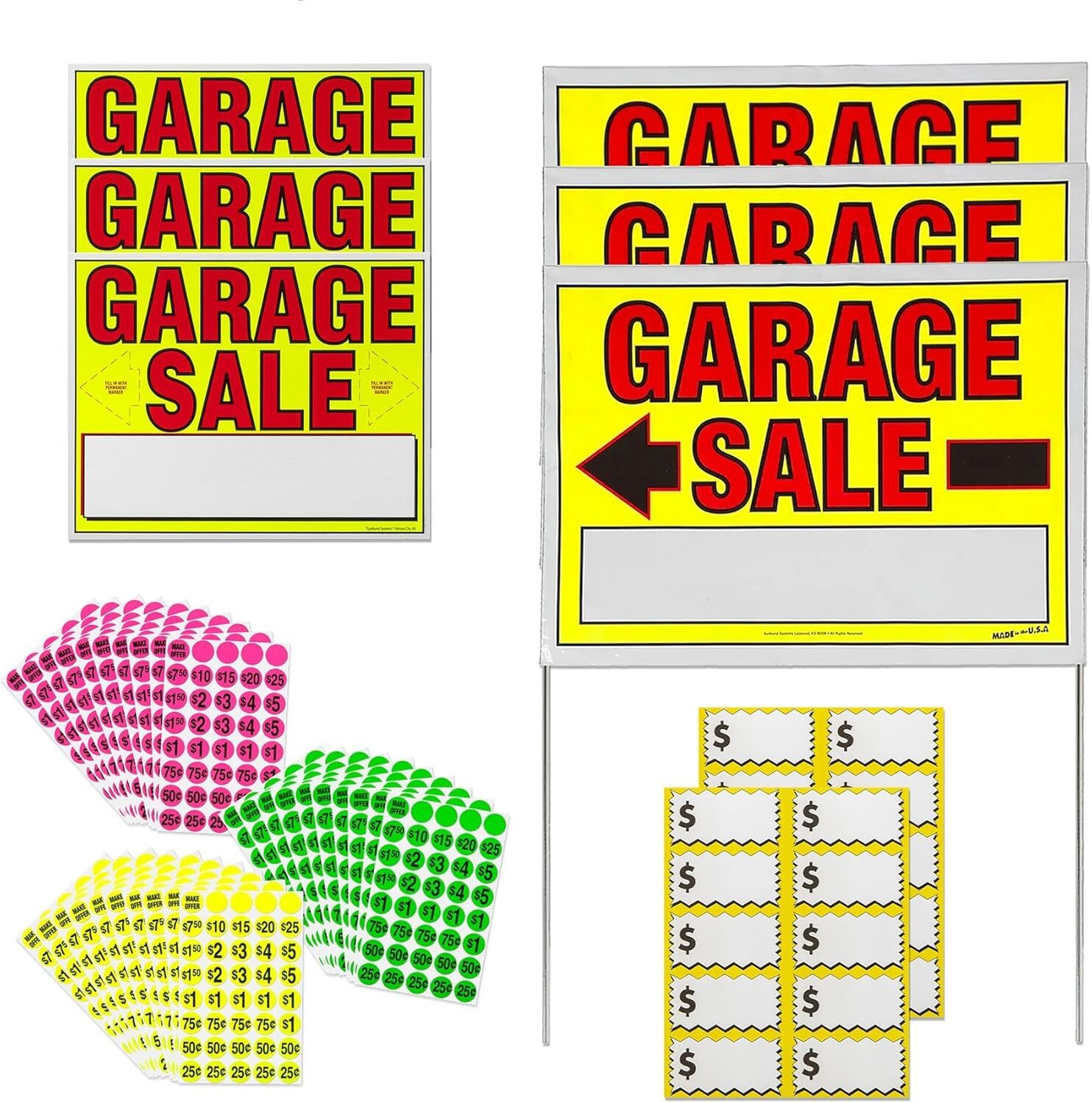 3030 Garage Sale Sign Kit Includes: 3) Large Signs, 3) 11 x 14 Signs, 1,200 Y…