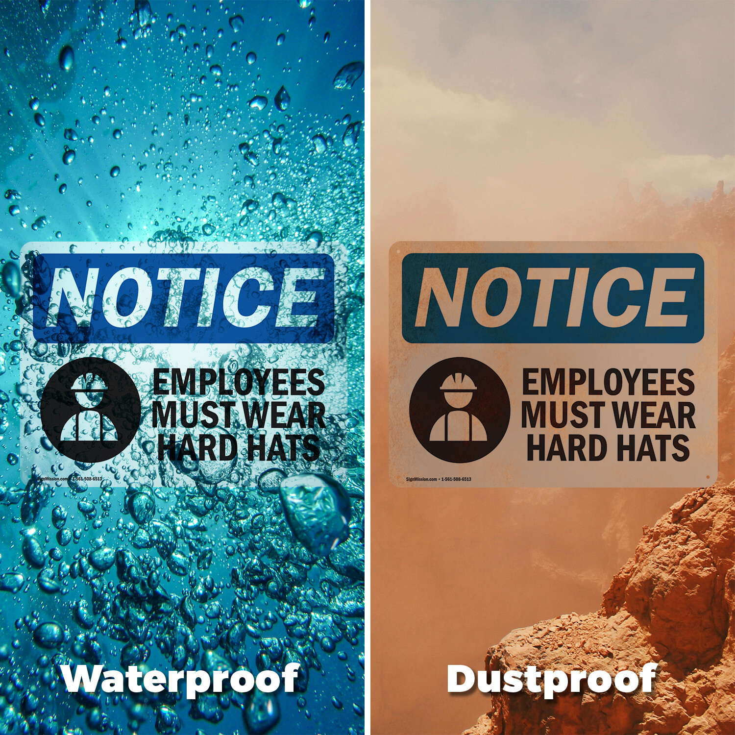 (2 Pack) Employees Must Wear Hard Hats OSHA Notice Sign Decal Metal Plastic