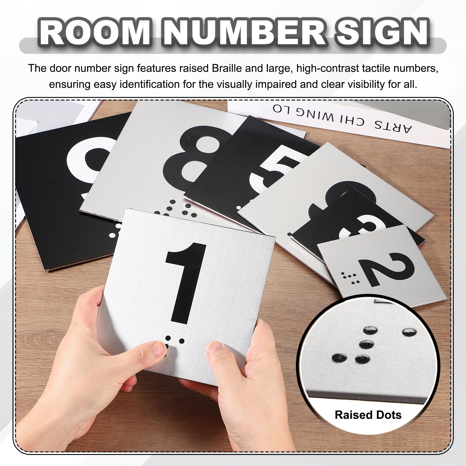 Exam Room Number Sign, 8″ x 8″ Number 10 Sign with Braille, Black on Silver
