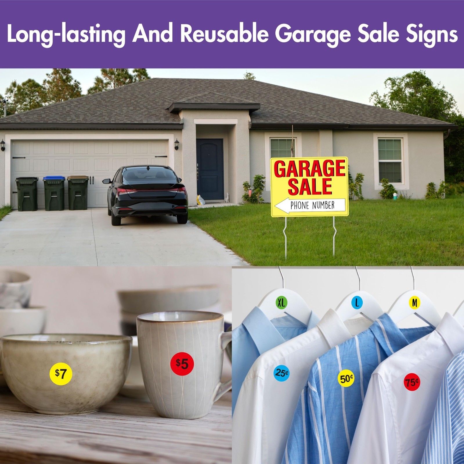 3PCS Double-Sided Garage Sale Signs with 6 Metal Stakes & 960 Price Labels – Bri