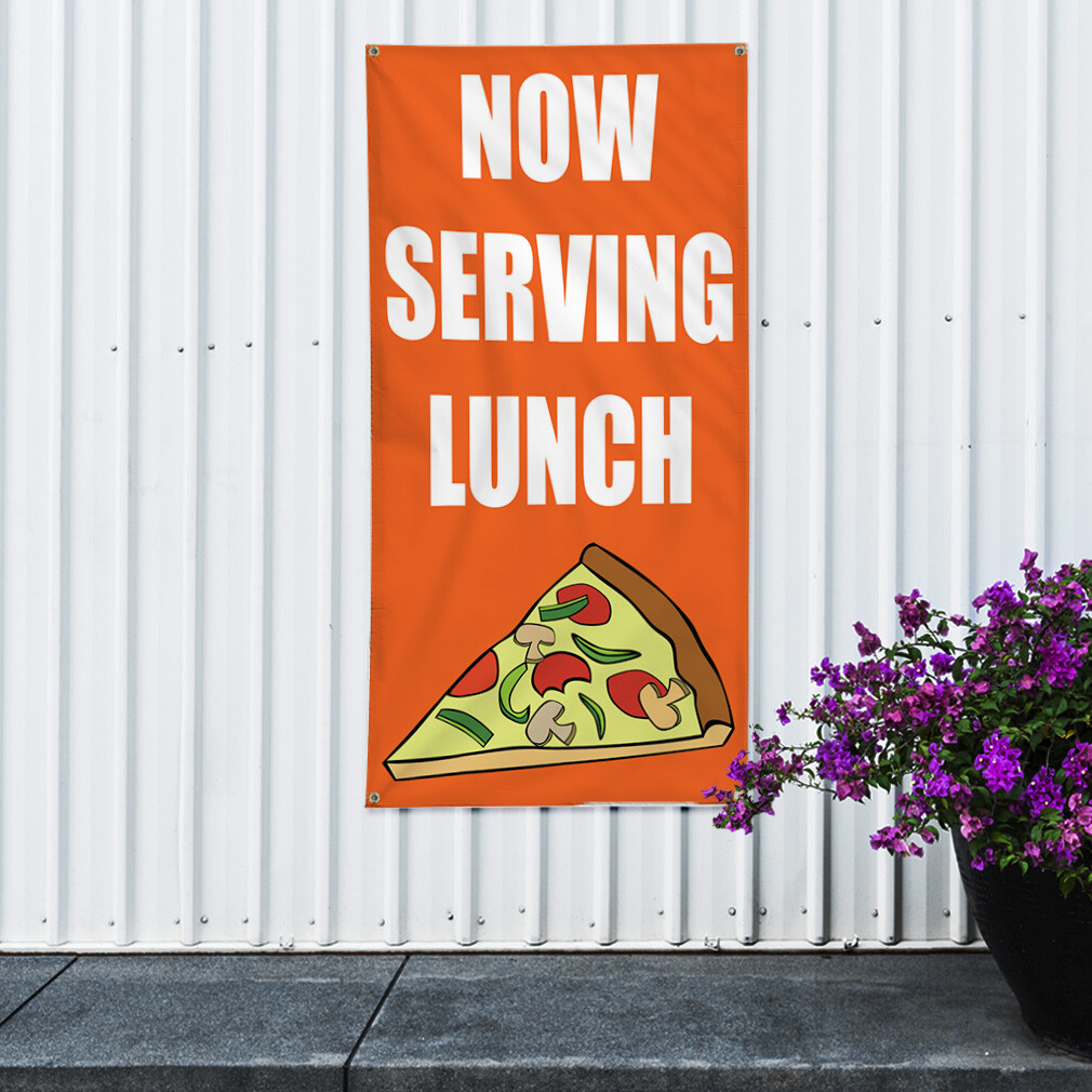 Vertical Vinyl Banner Multiple Sizes Now Serving Lunch Orange Business Outdoor