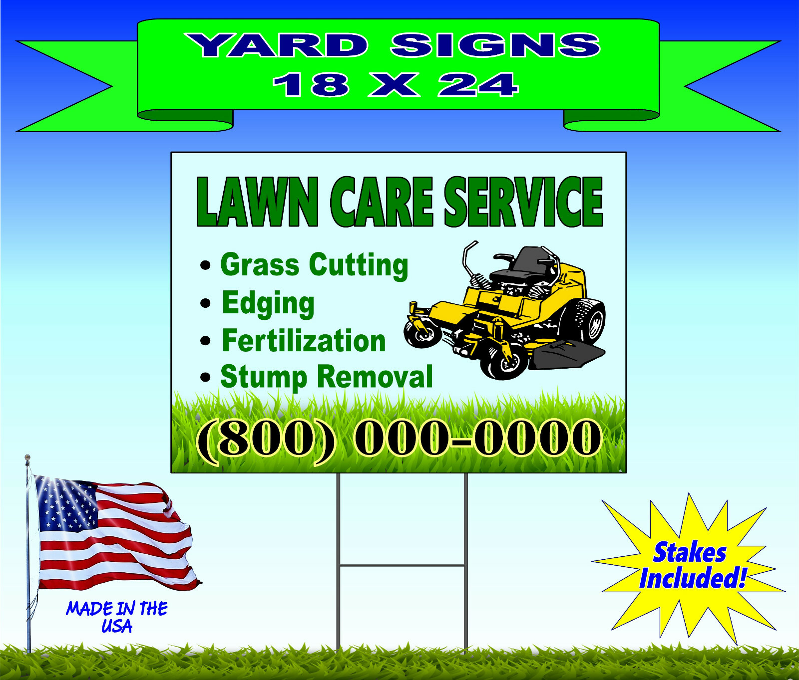25 – 18×24 Yard Signs – Custom Design – Full Color – 2 Sided – Stakes Included!