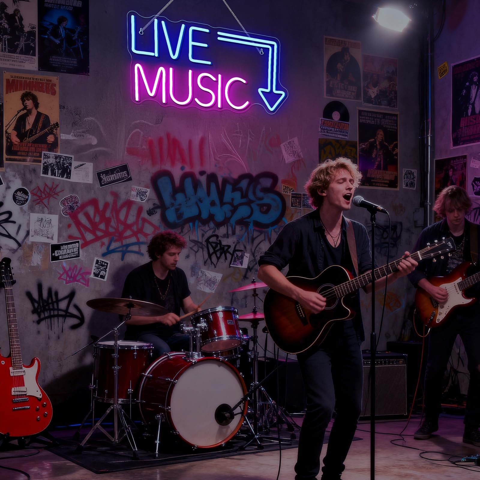 Live Music Neon Sign LED Neon Sign Large Blue and Pink Words for Music Studio…