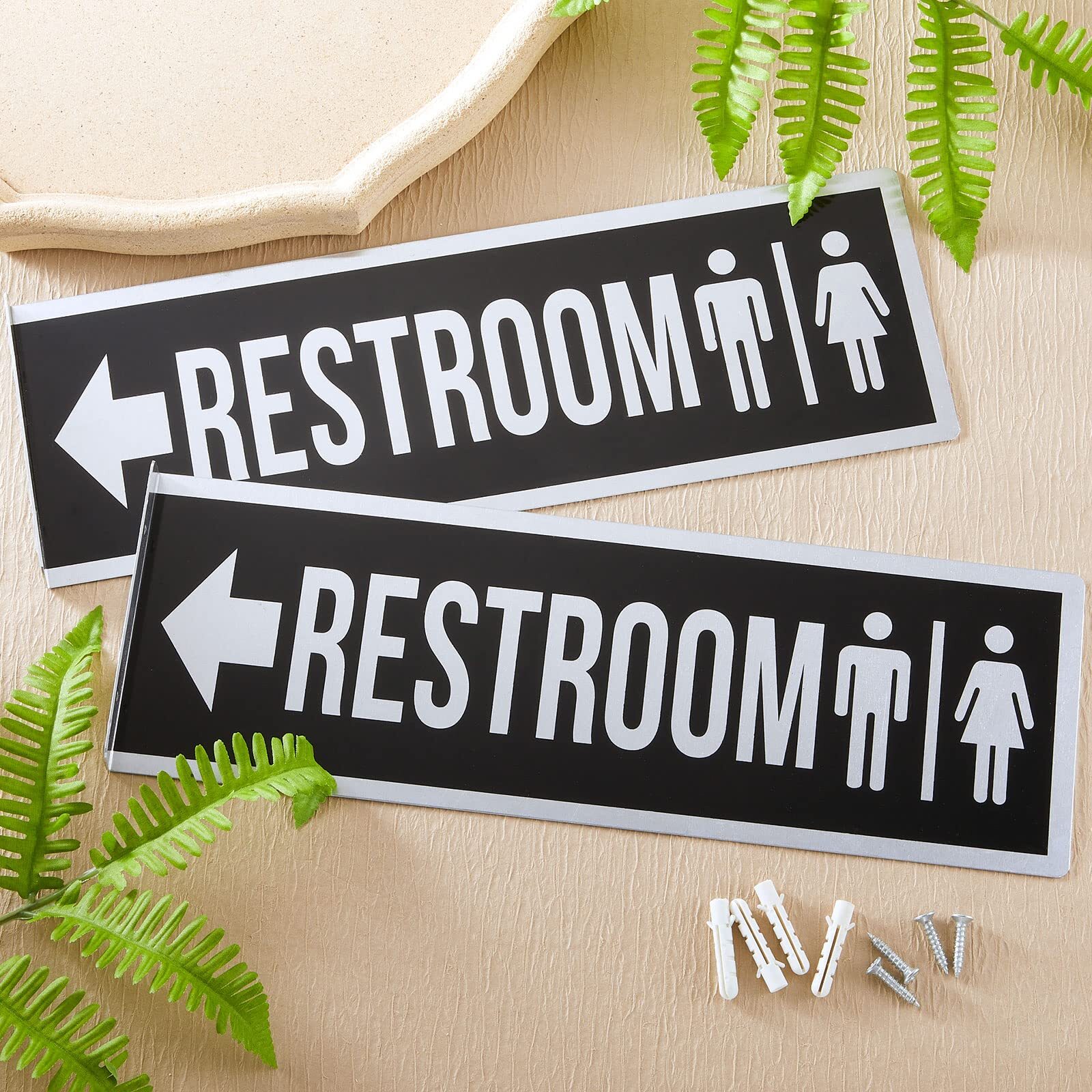 2 Pcs Double-Sided Black Aluminum Restroom Signs 12×4″ with Screws