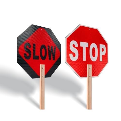 Handheld Stop Slow Sign 12×12 Double Sided Wooden Handle, Reflective Traffic