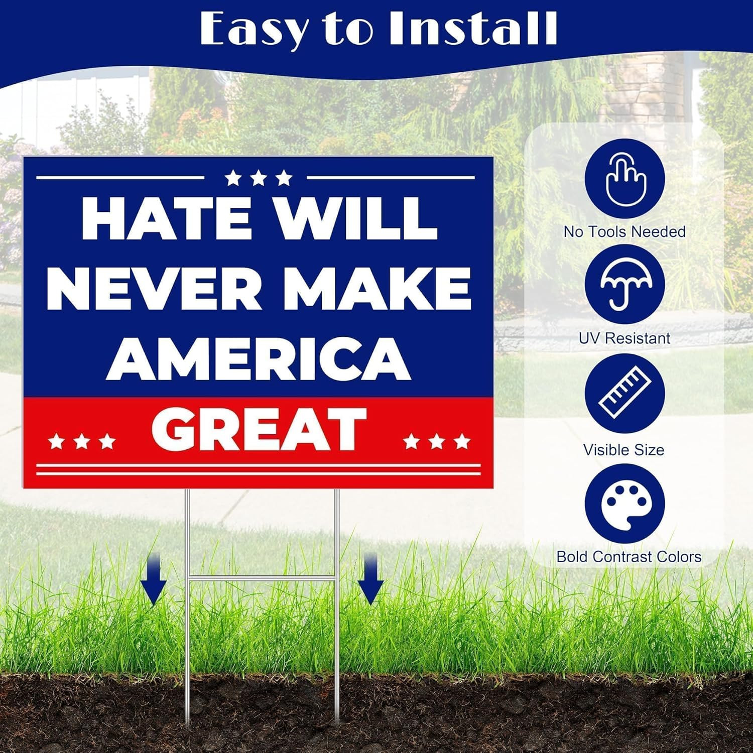 Anti Trump MAGA Yard Sign 17 X 12 Inch Hate Will Never Make America Great Sign w