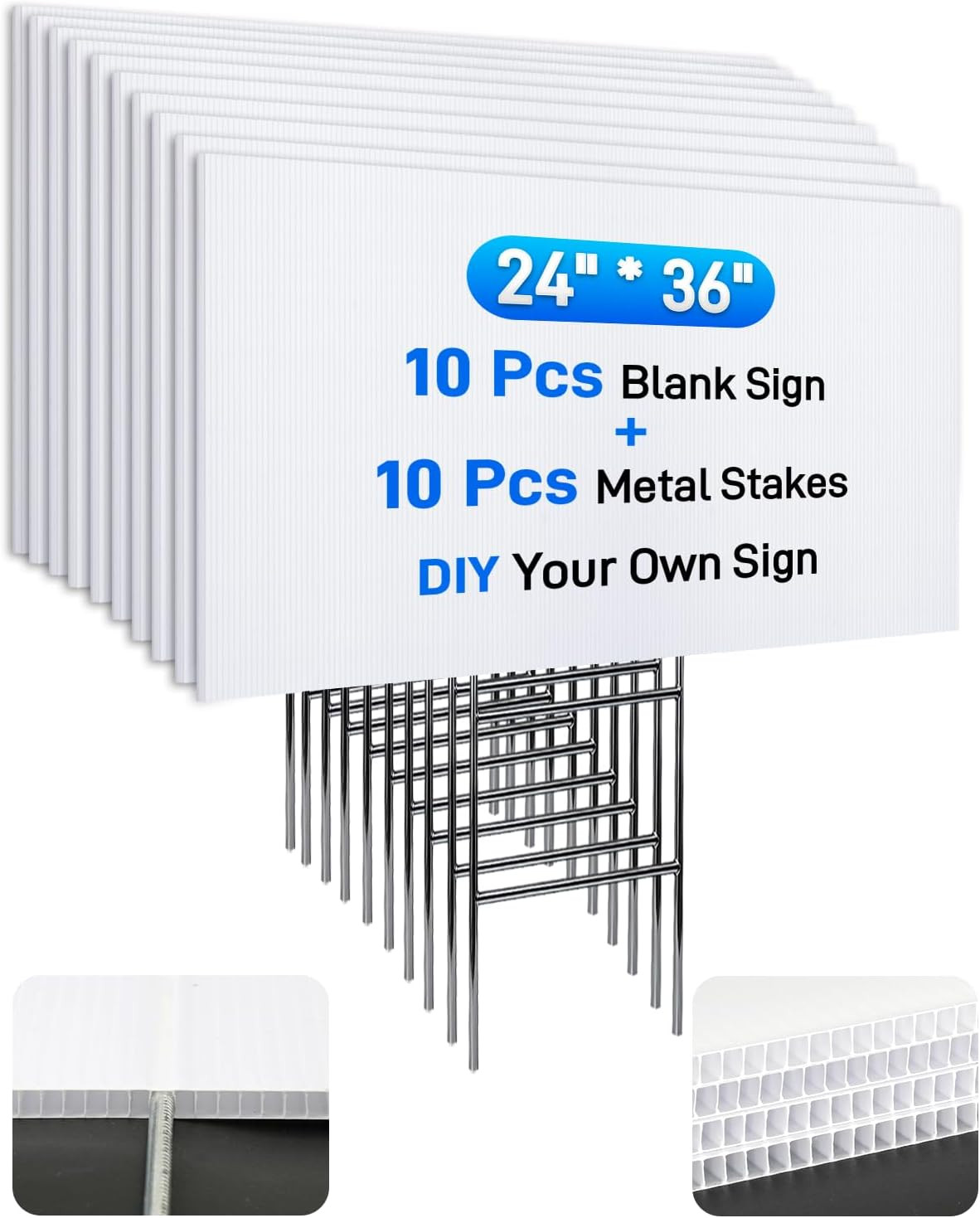 24″X36″ 5Mm Blank Yard Signs with Stakes,10Pcs Corrugated Plastic Board Yard Sig